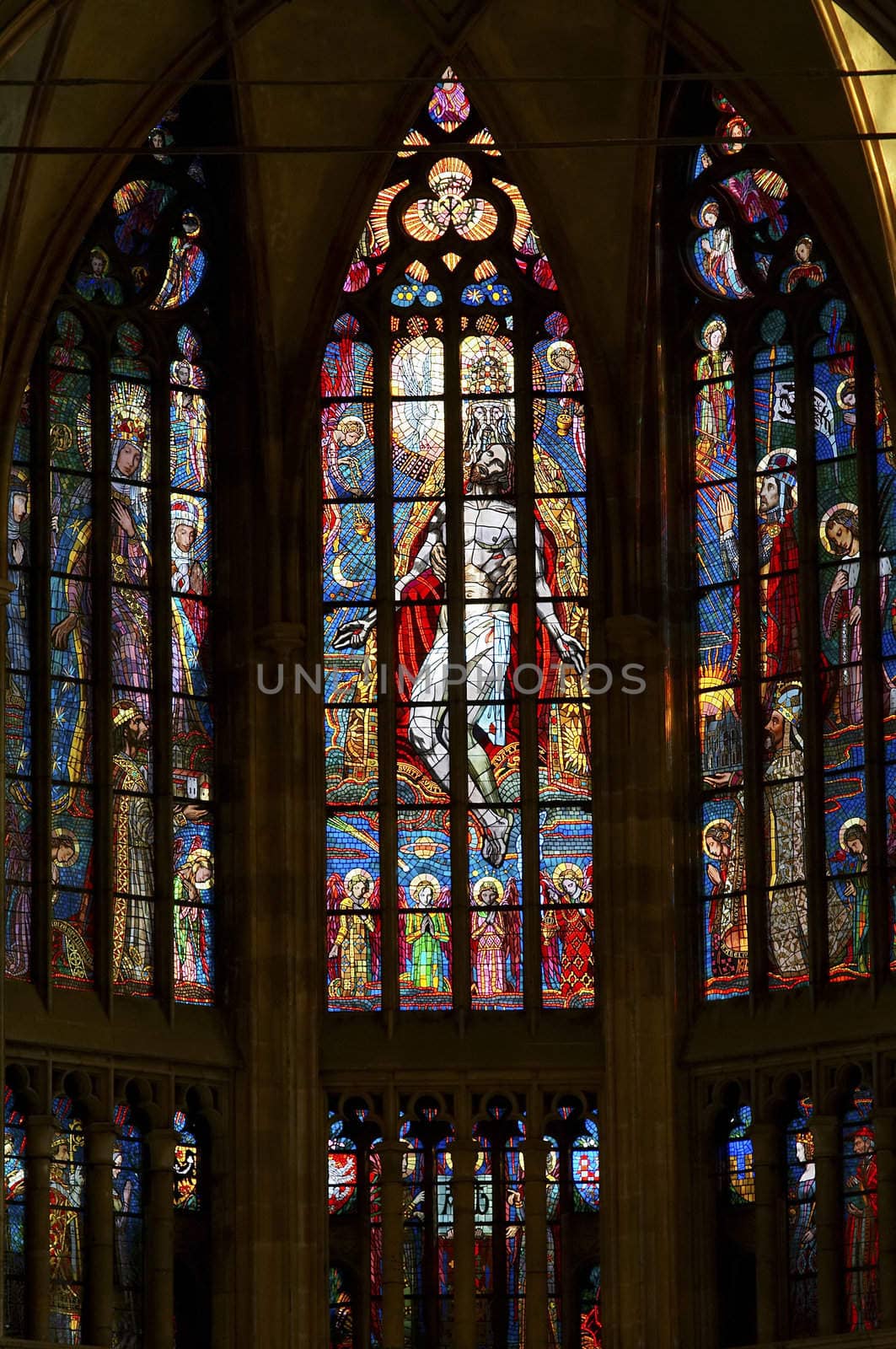 Detail of the color window - bullseye pane - lattice window.
Public national monument - cathedral of St Vitus, Prague, Czech republic, Europe.