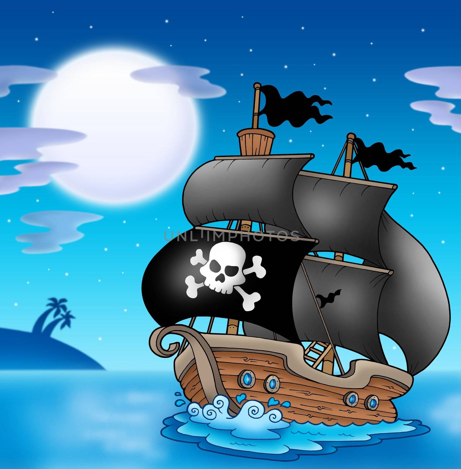 Pirate sailboat with Moon - color illustration.