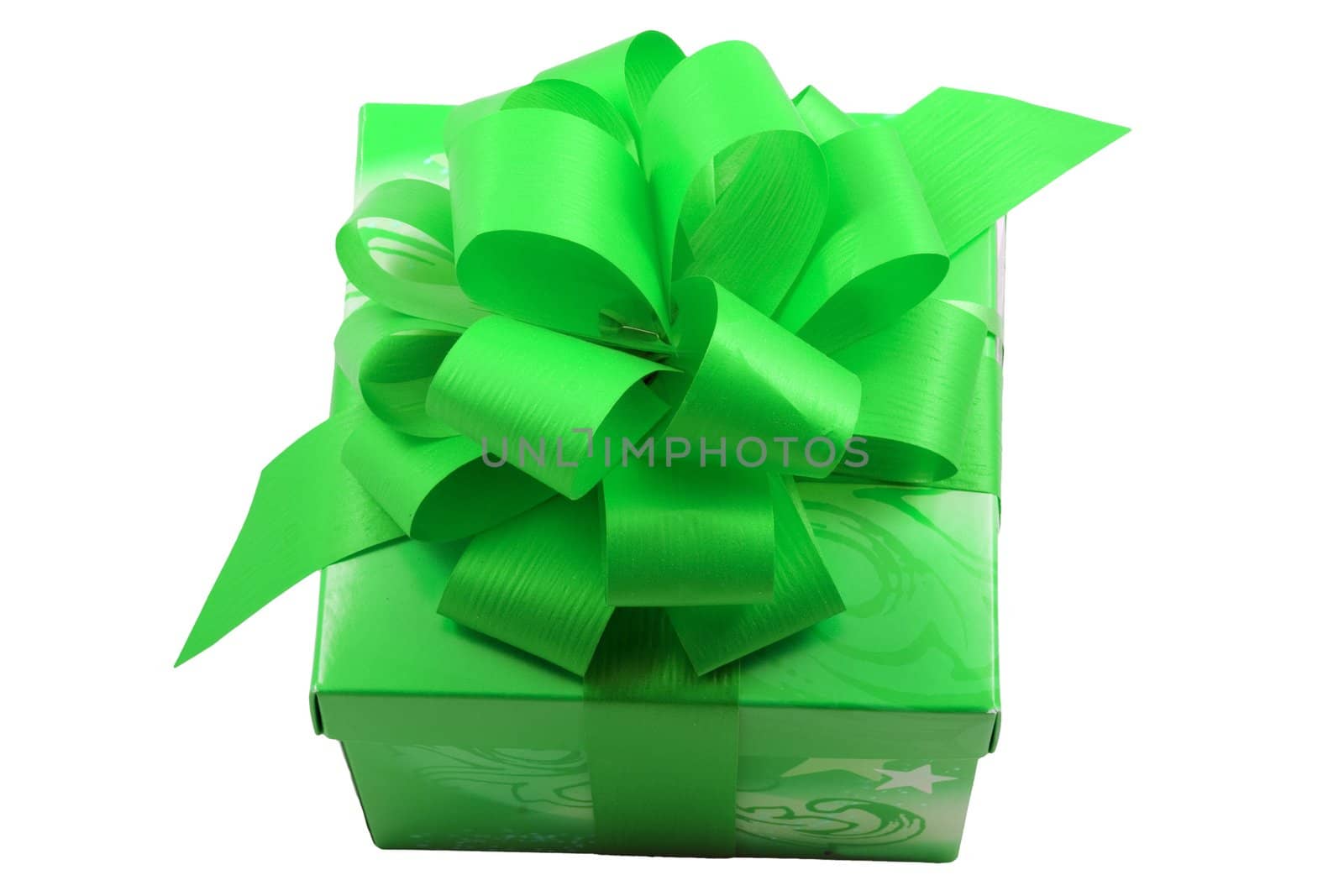 a green present with a green ribbon isolated on the white background