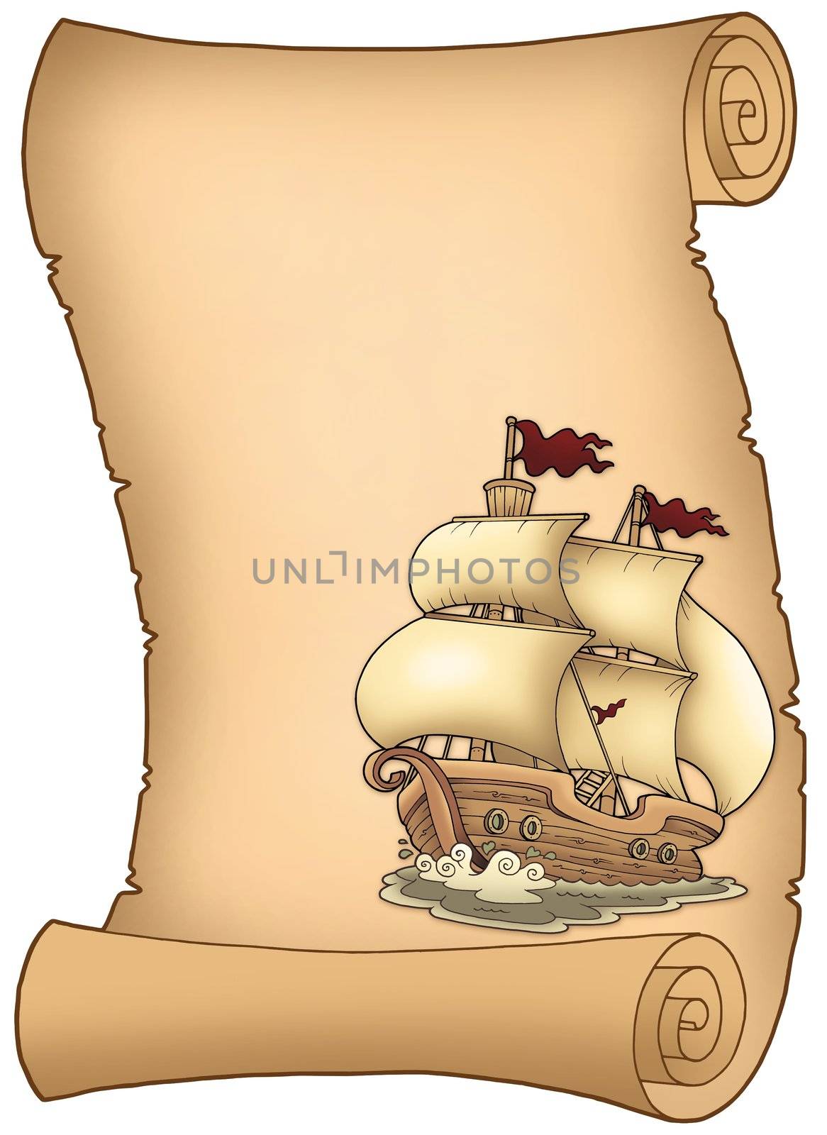 Scroll with old sailboat - color illustration.