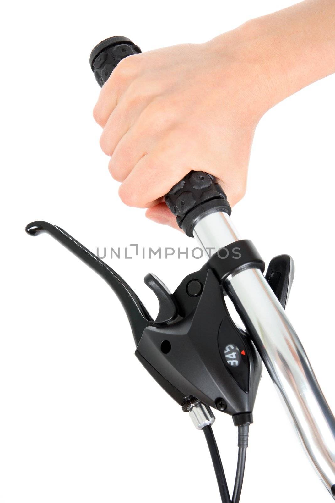 Hand holding bicycle handlebar, isolated on white.