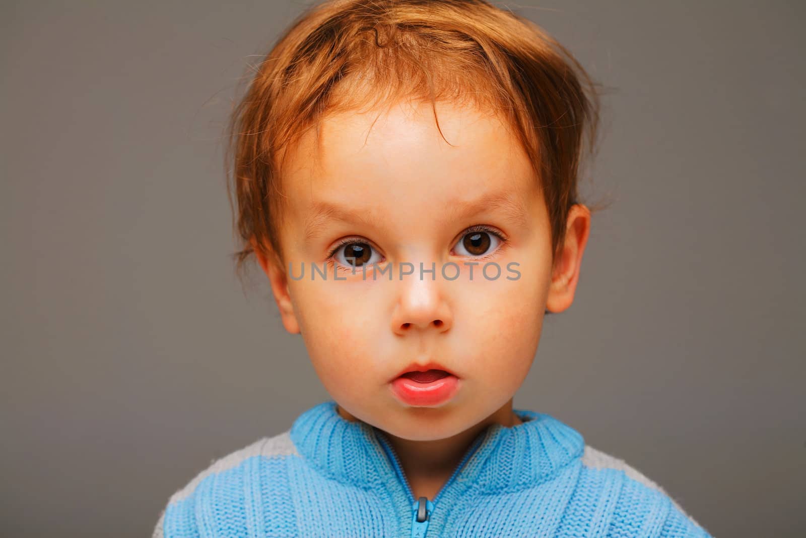 Closeup portrait of a little surprised boy in a blue sweater