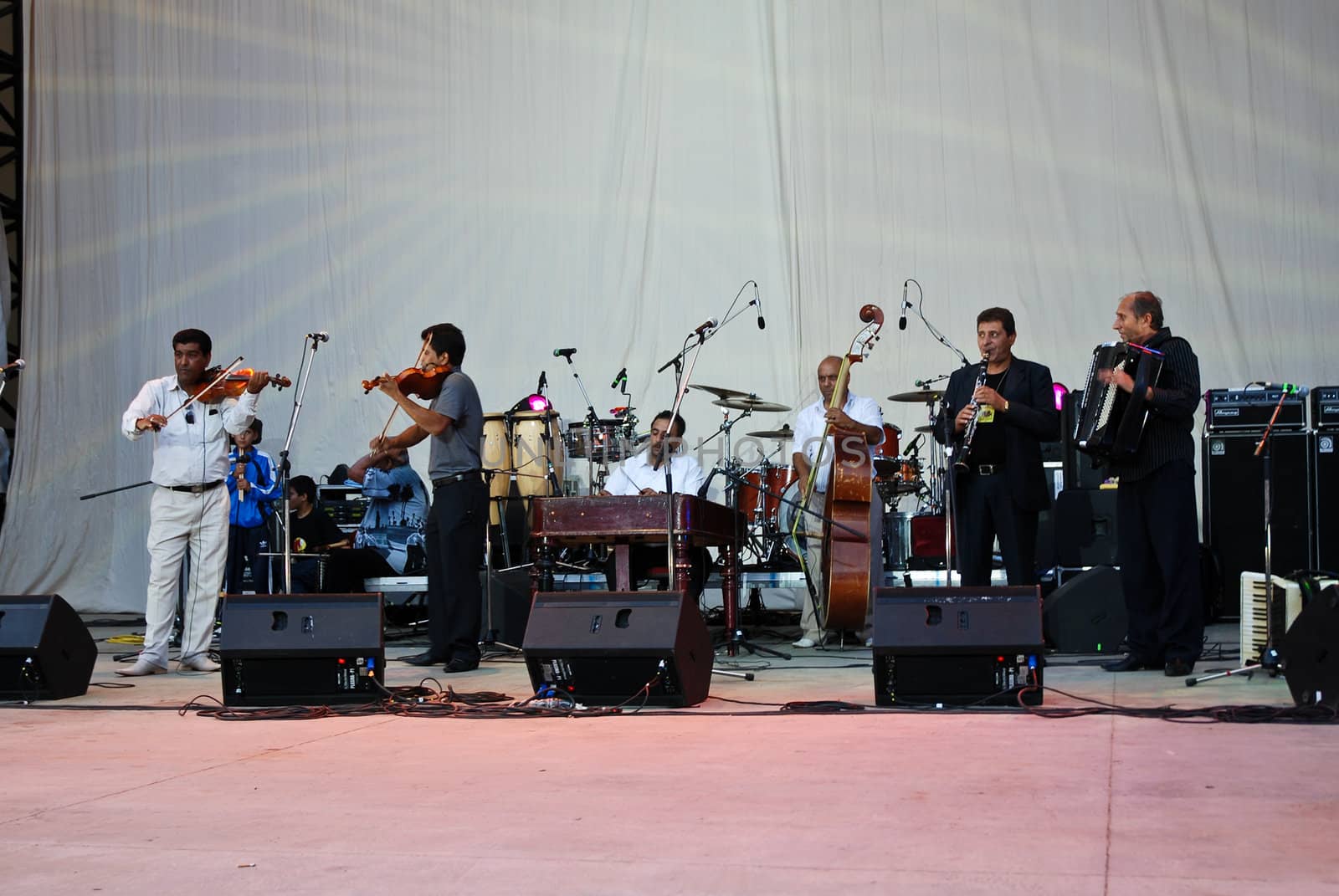 Taraf De Haidouks performs at Herastrau Summer Theater on June 17, 2009 in Bucharest, Romania.