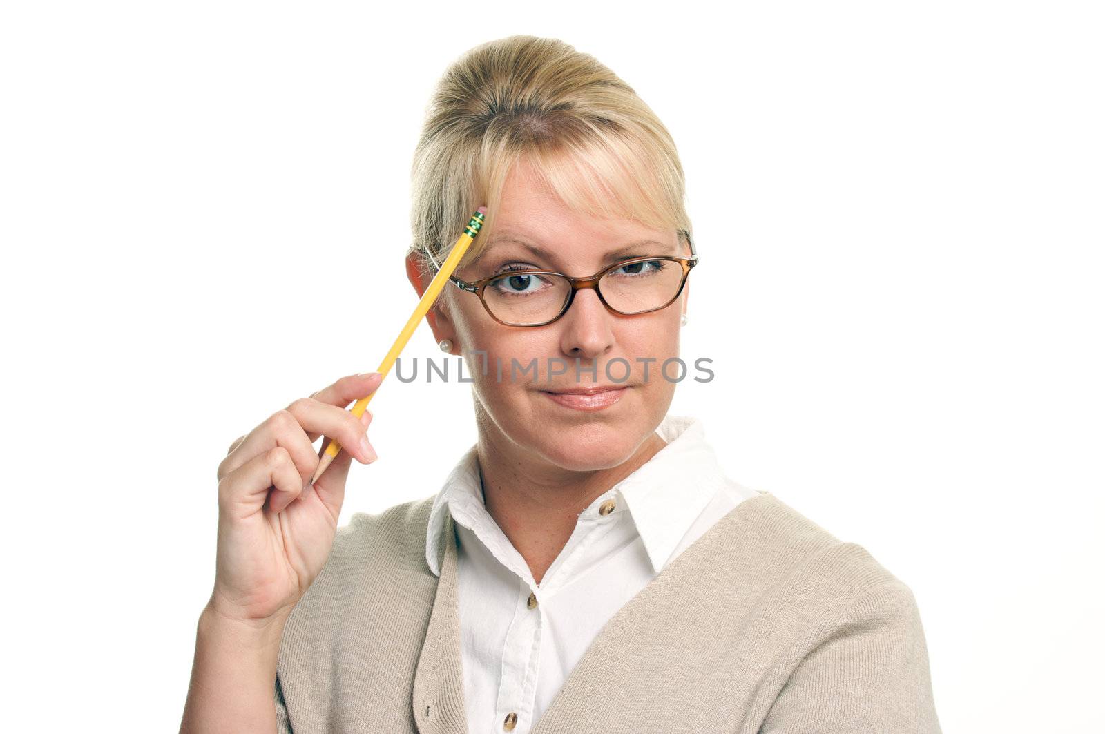 Beautiful Woman with Pencil Isolated on a White Background.