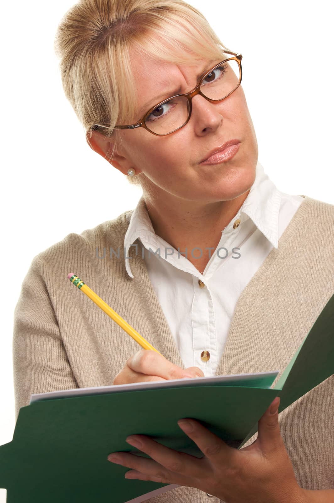 Beautiful Woman with Pencil and Folder taking notes.