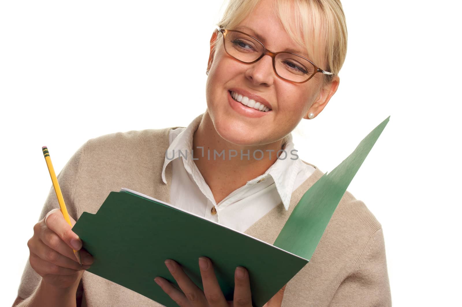 Beautiful Woman with Pencil and Folder taking notes.