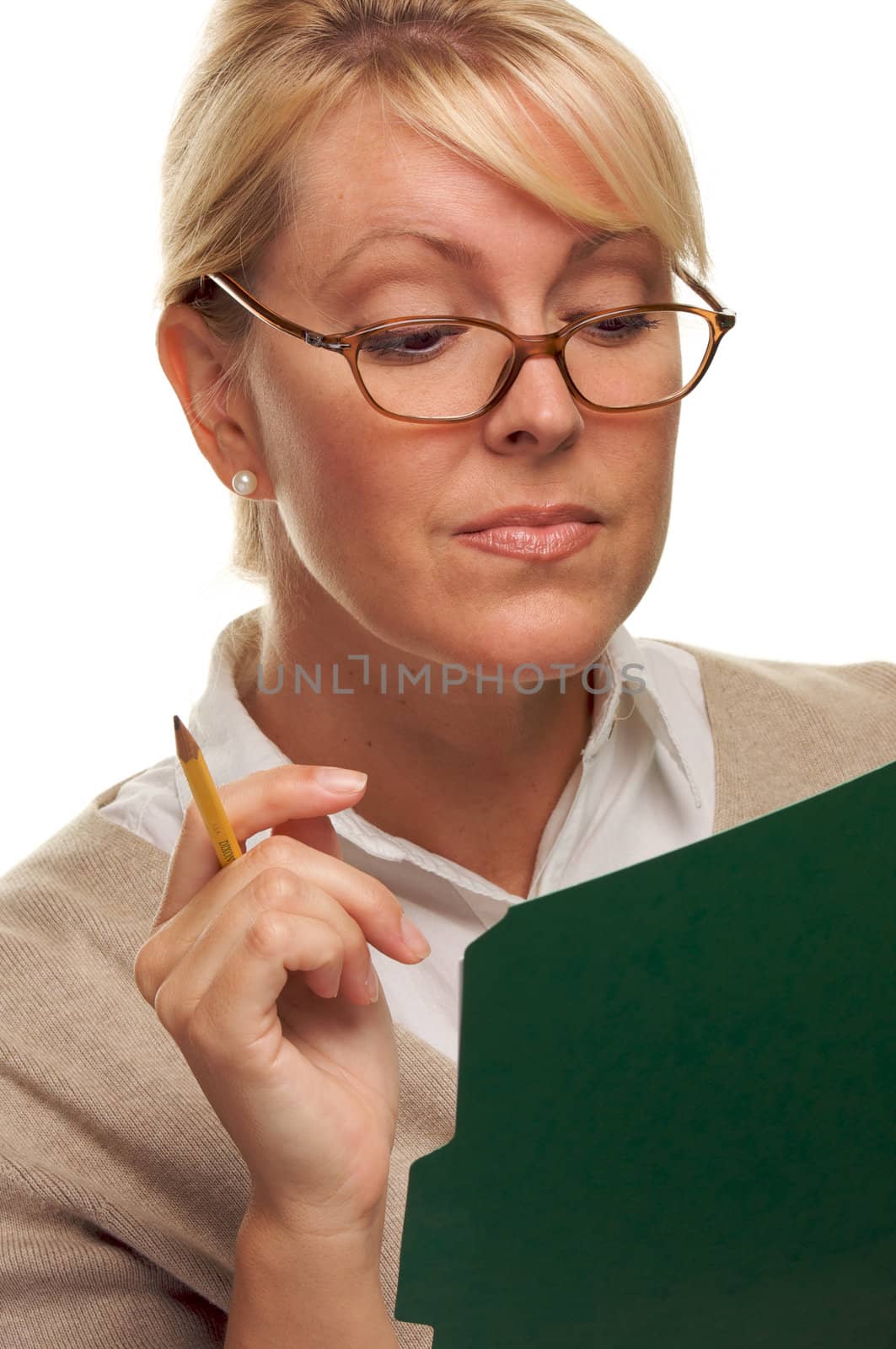 Beautiful Woman with Pencil and Folder taking notes.