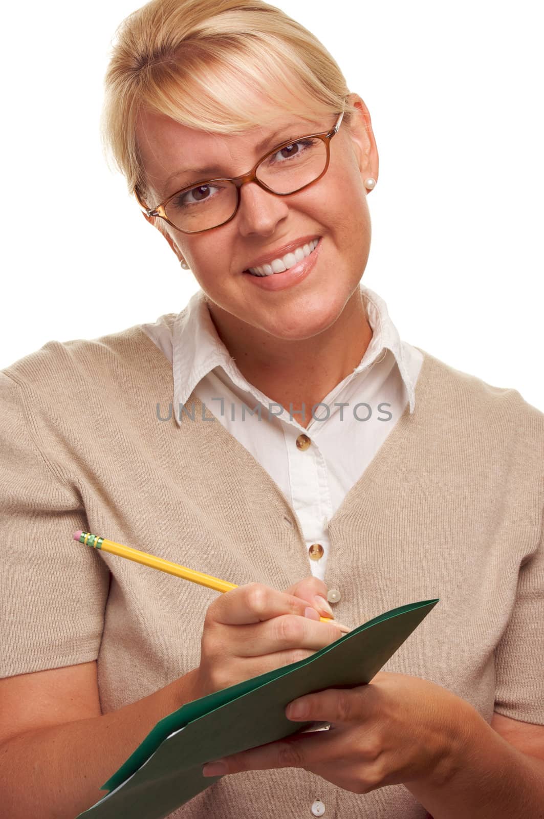 Beautiful Woman with Pencil and Folder taking notes.