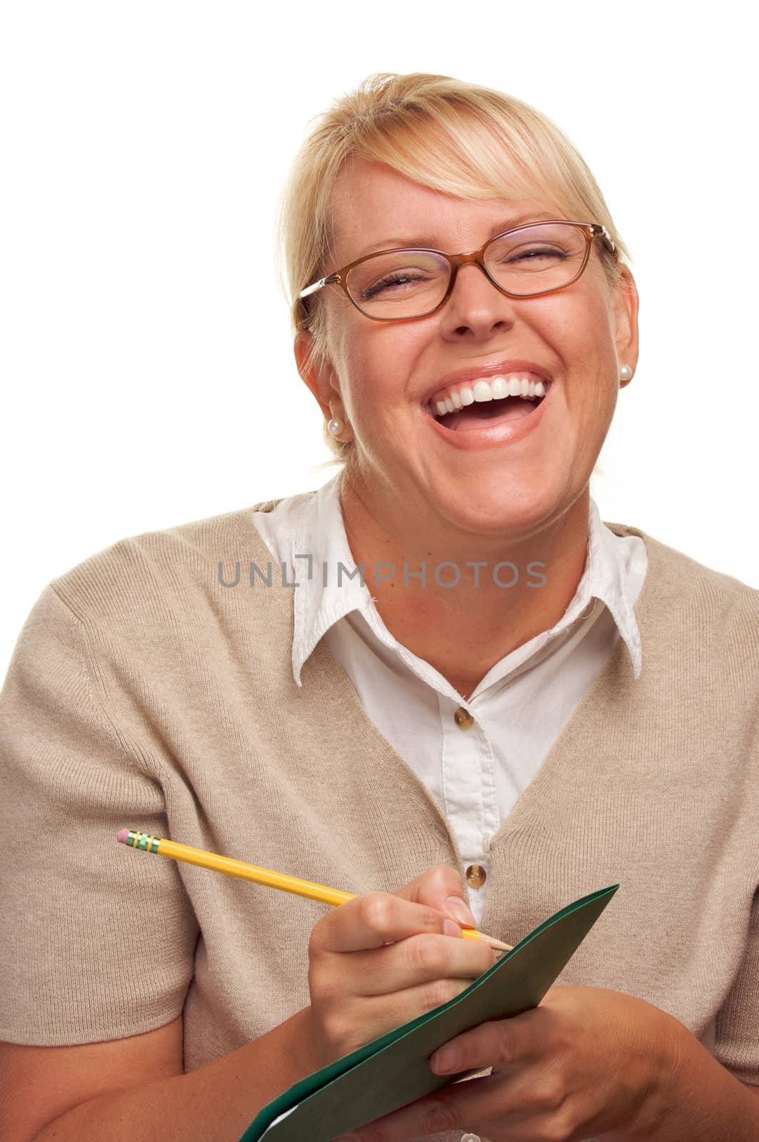 Beautiful Woman with Pencil and Folder taking notes.