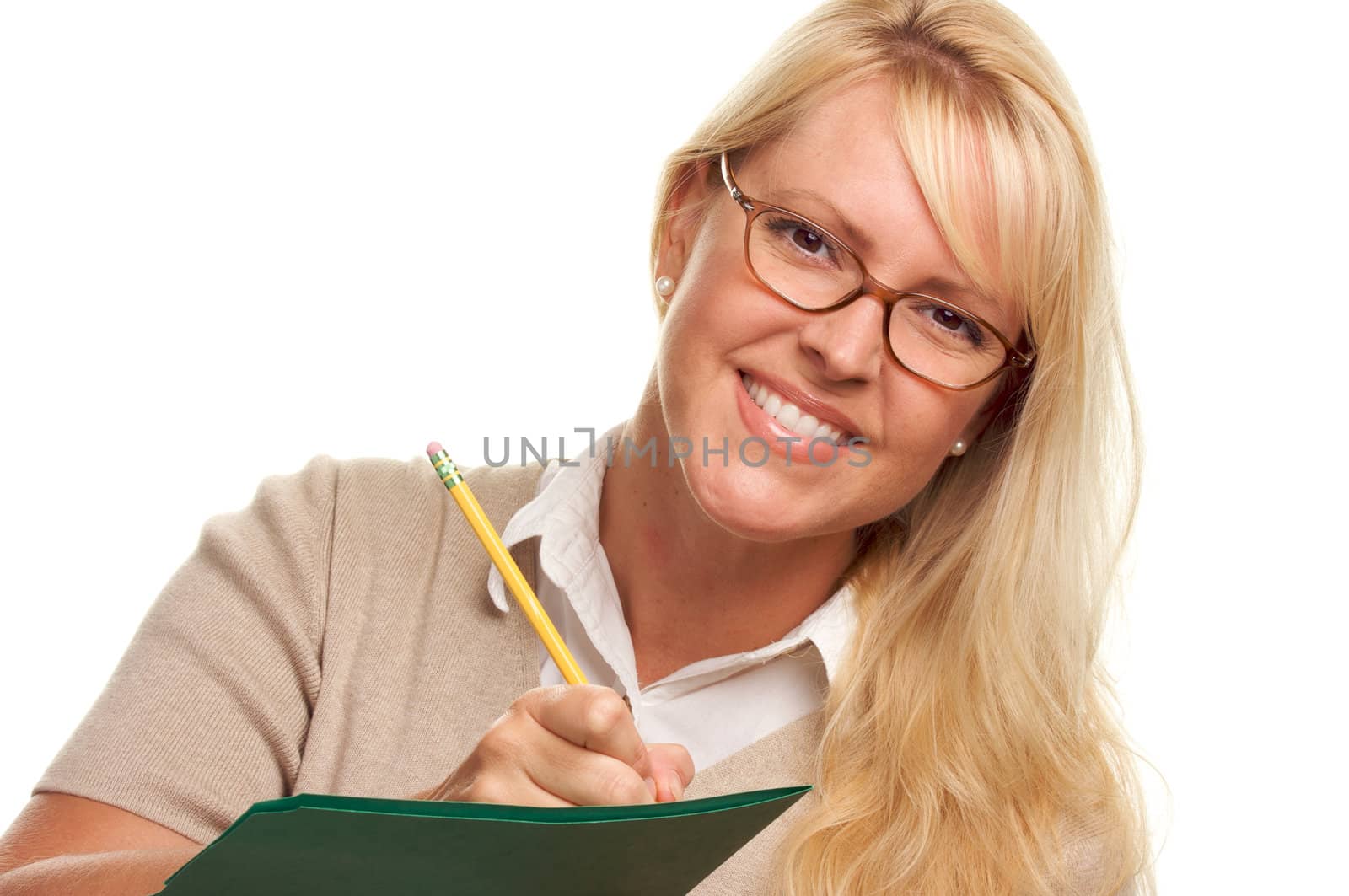 Beautiful Woman with Pencil and Folder taking notes.