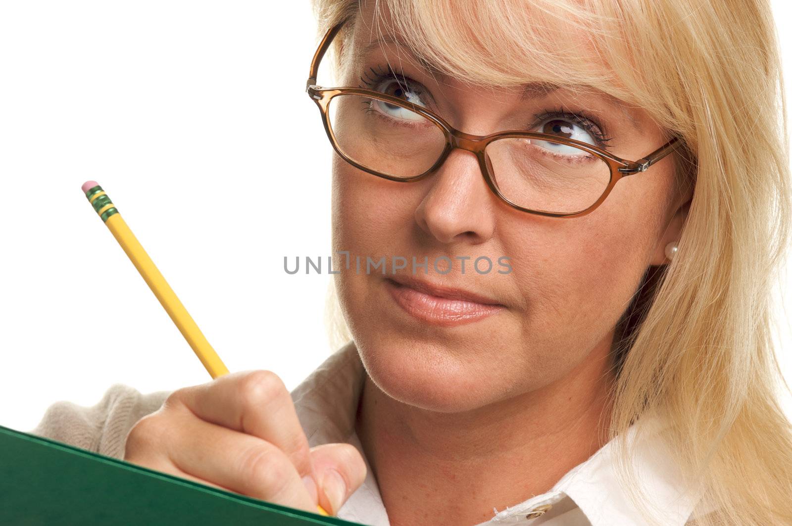 Beautiful Woman with Pencil and Folder taking notes.