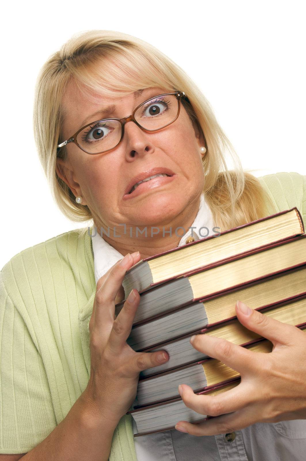 Attractive Woman with Her Books Isolated on a White Background.