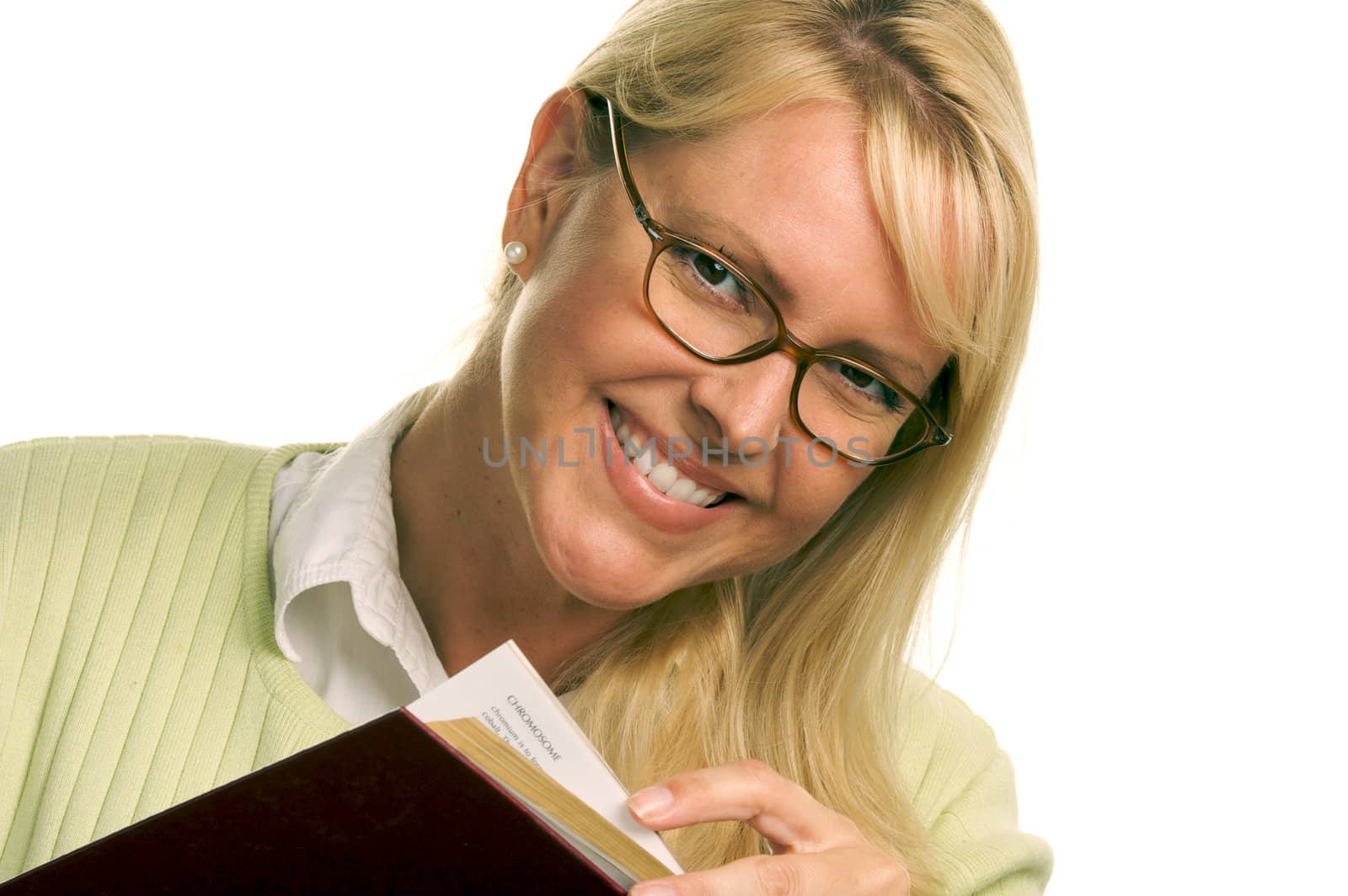 Attractive Woman Reading Isolated on a White Background.