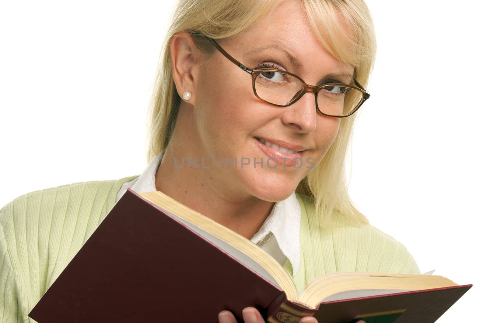 Attractive Woman Reading Isolated on a White Background.