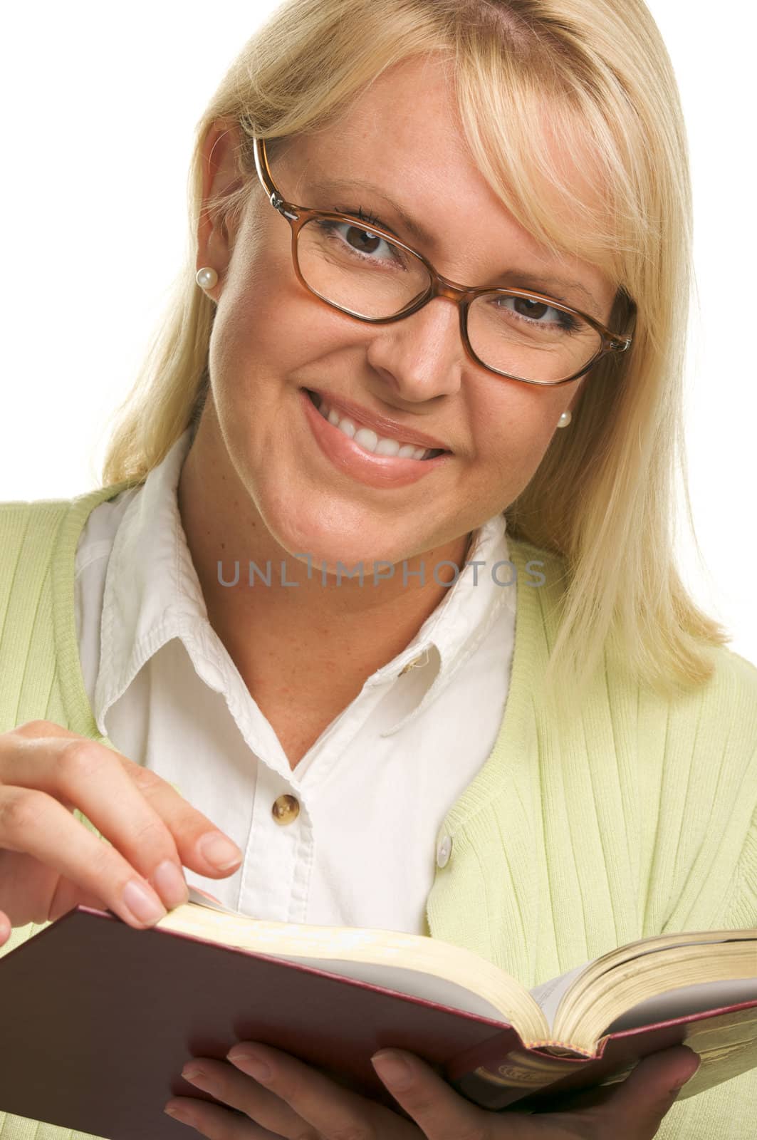 Attractive Woman Reading Isolated on a White Background.