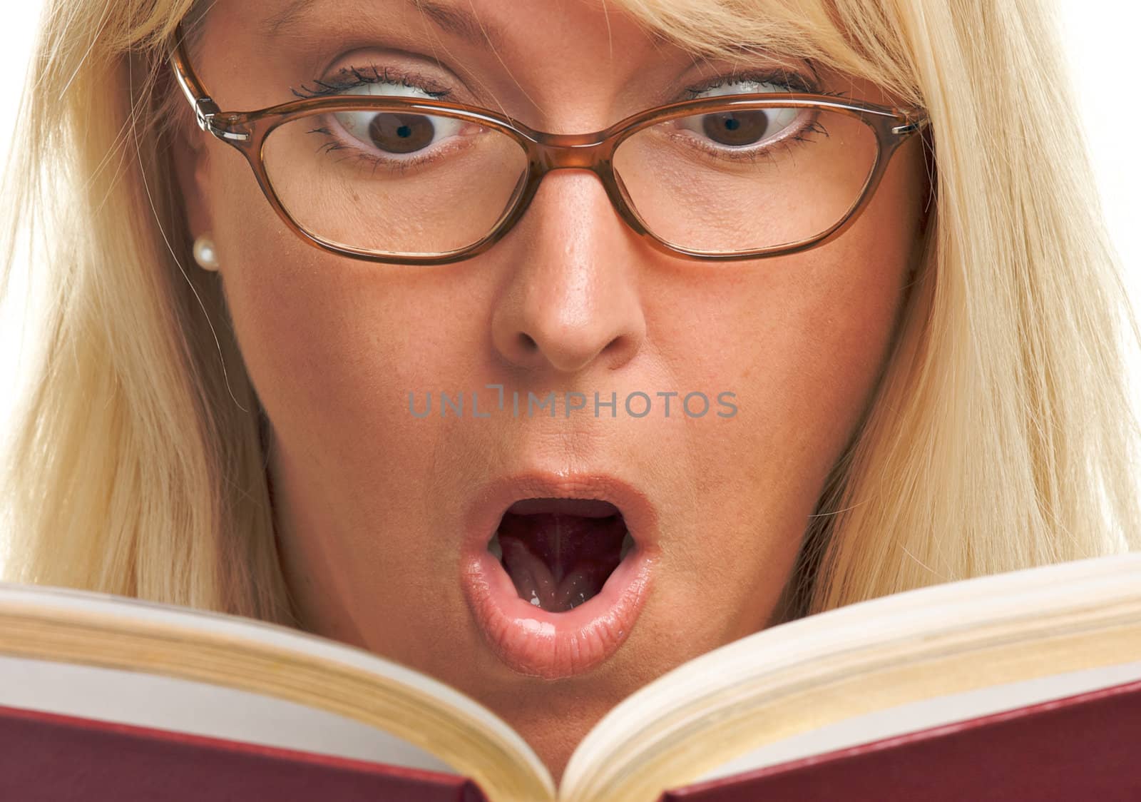 Attractive Woman Taken Back While Reading isolated on a White Background.