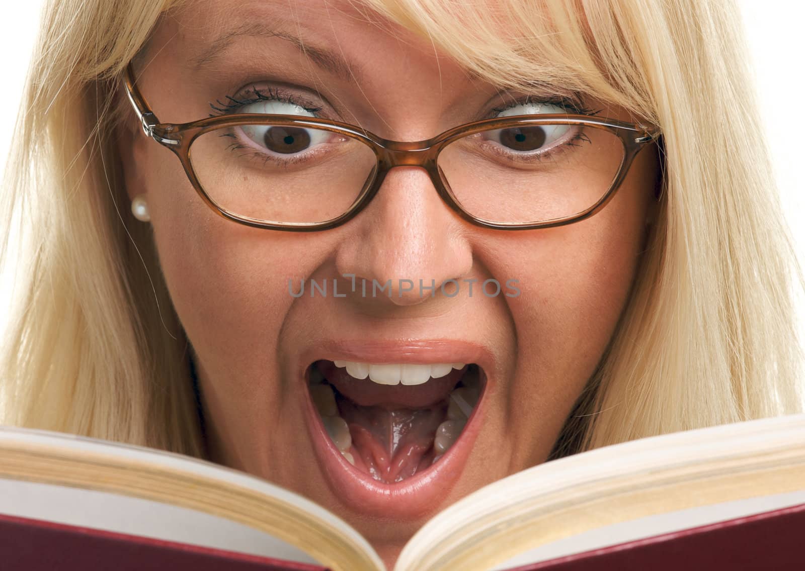 Attractive Woman Taken Back While Reading isolated on a White Background.