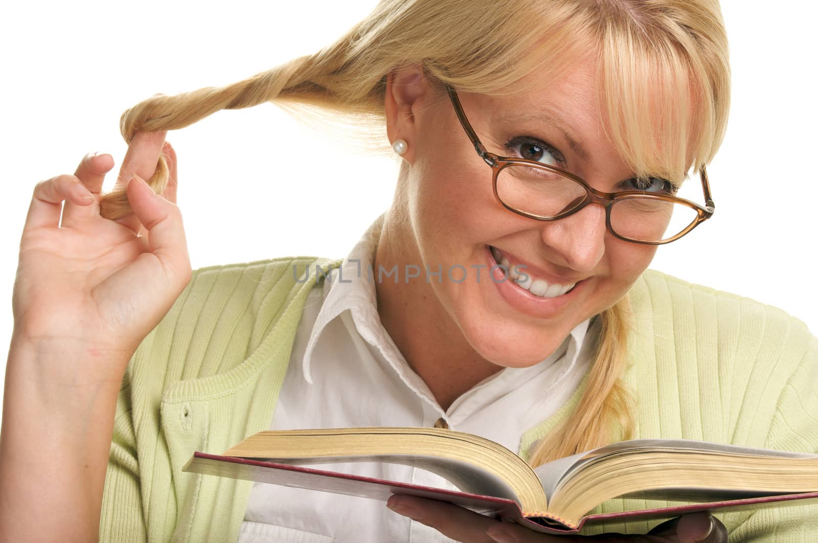 Female With Ponytails Reads Her Book isolated on a White Background.