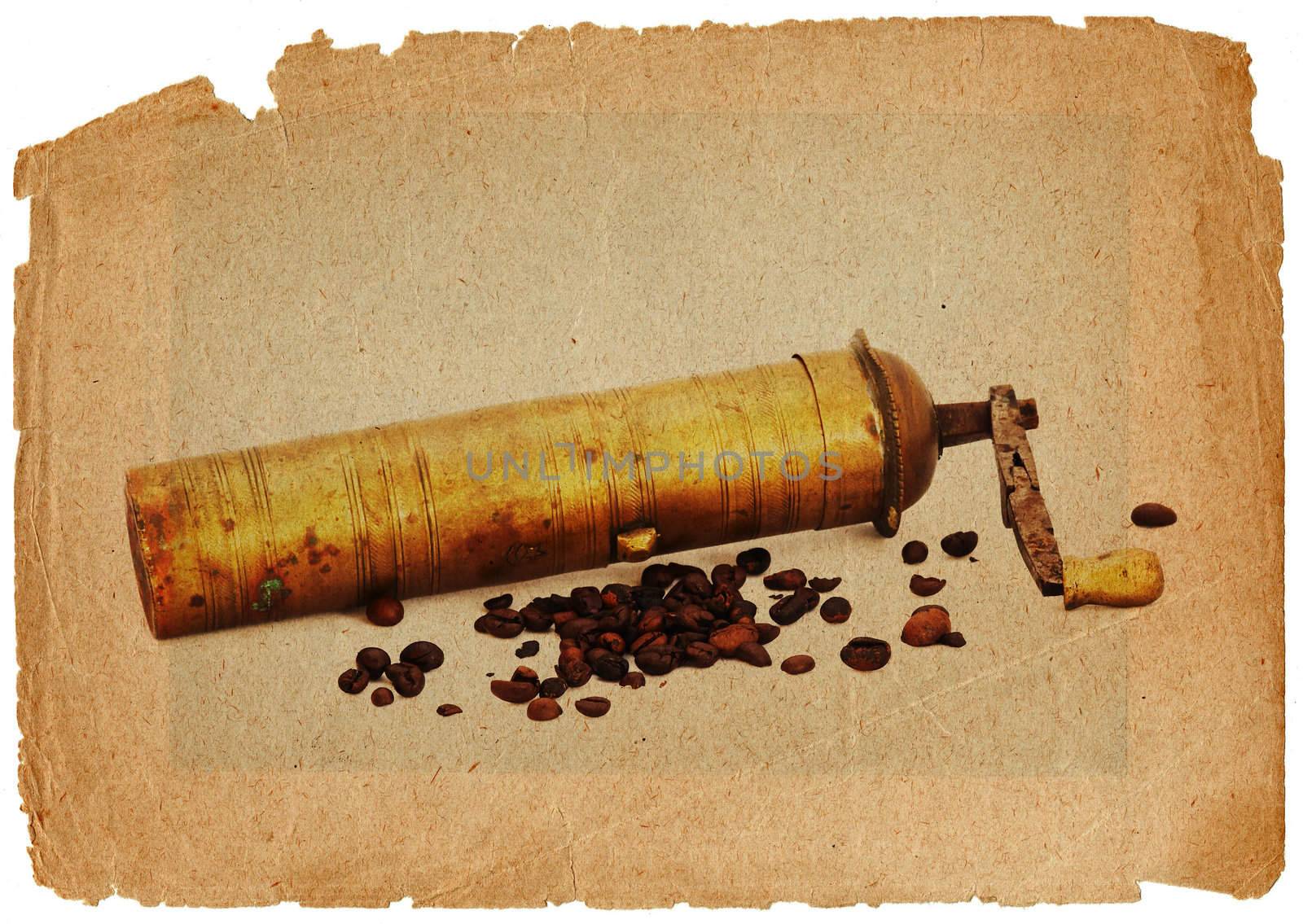 Antique coffee grinder with coffee beans