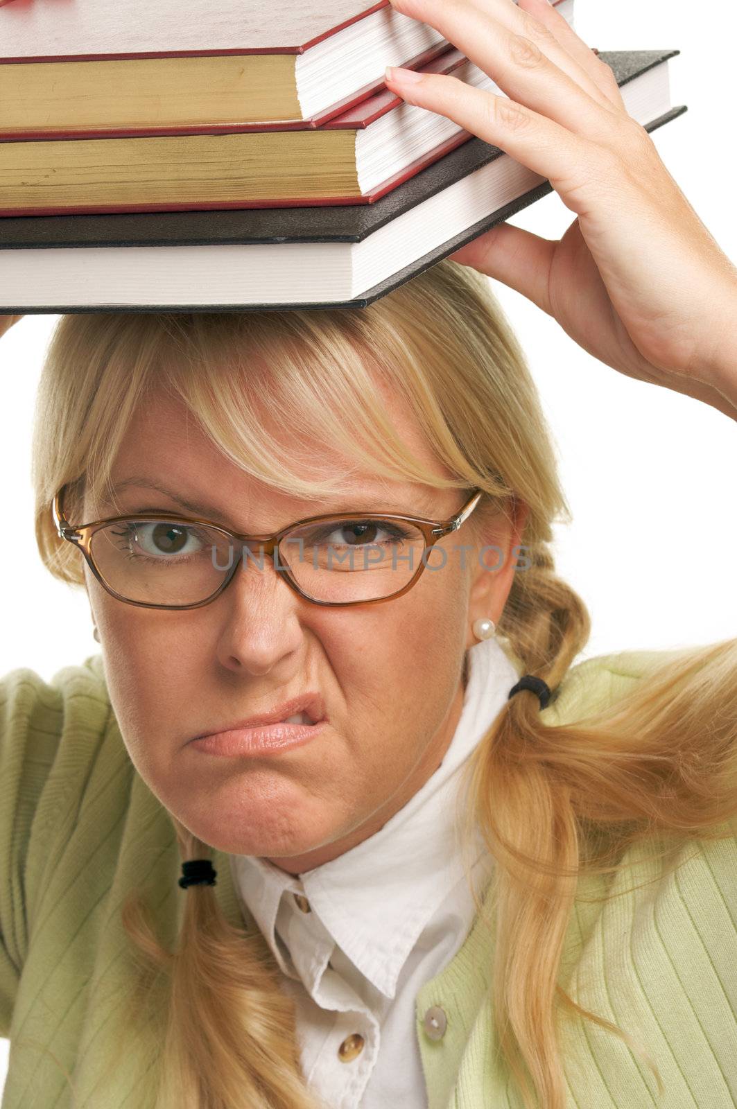 Attractive Woman with Her Books Isolated on a White Background.