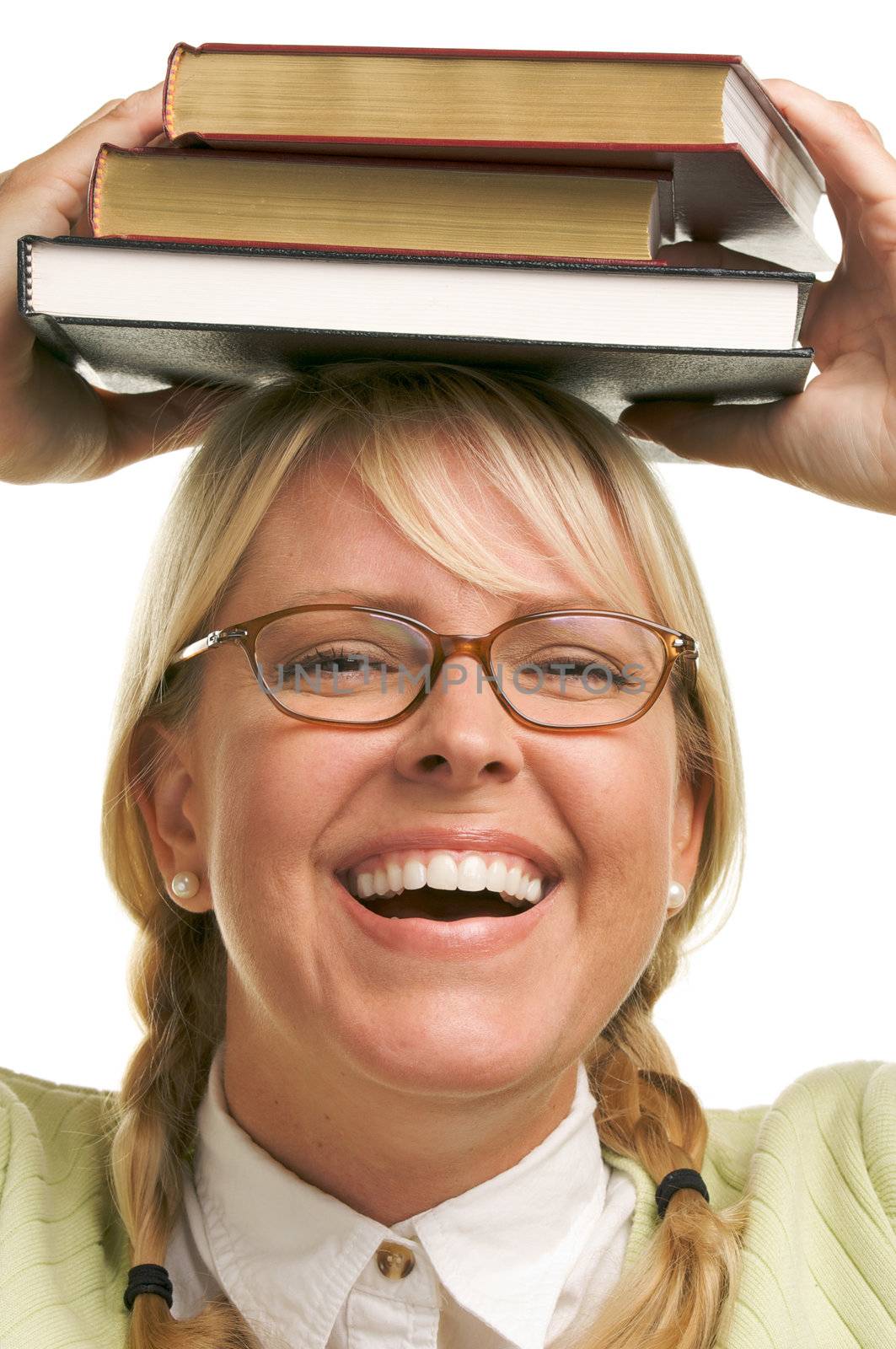 Attractive Woman with Her Books Isolated on a White Background.