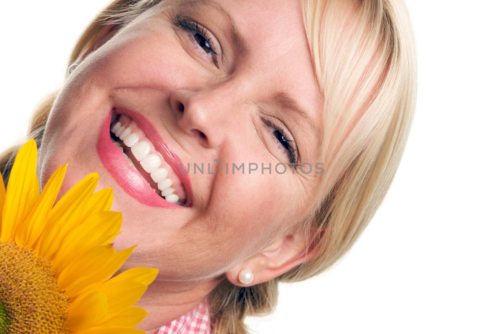 Attractive Blond and Sunflower isolated on a White Background.