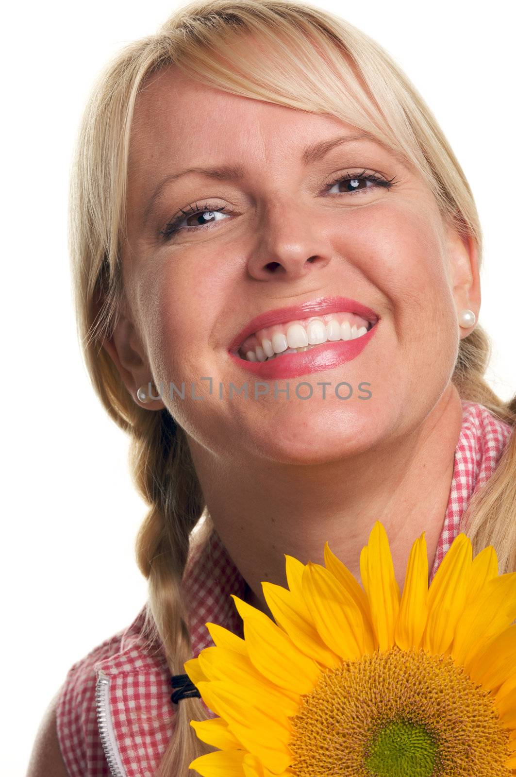 Attractive Blond and Sunflower isolated on a White Background.