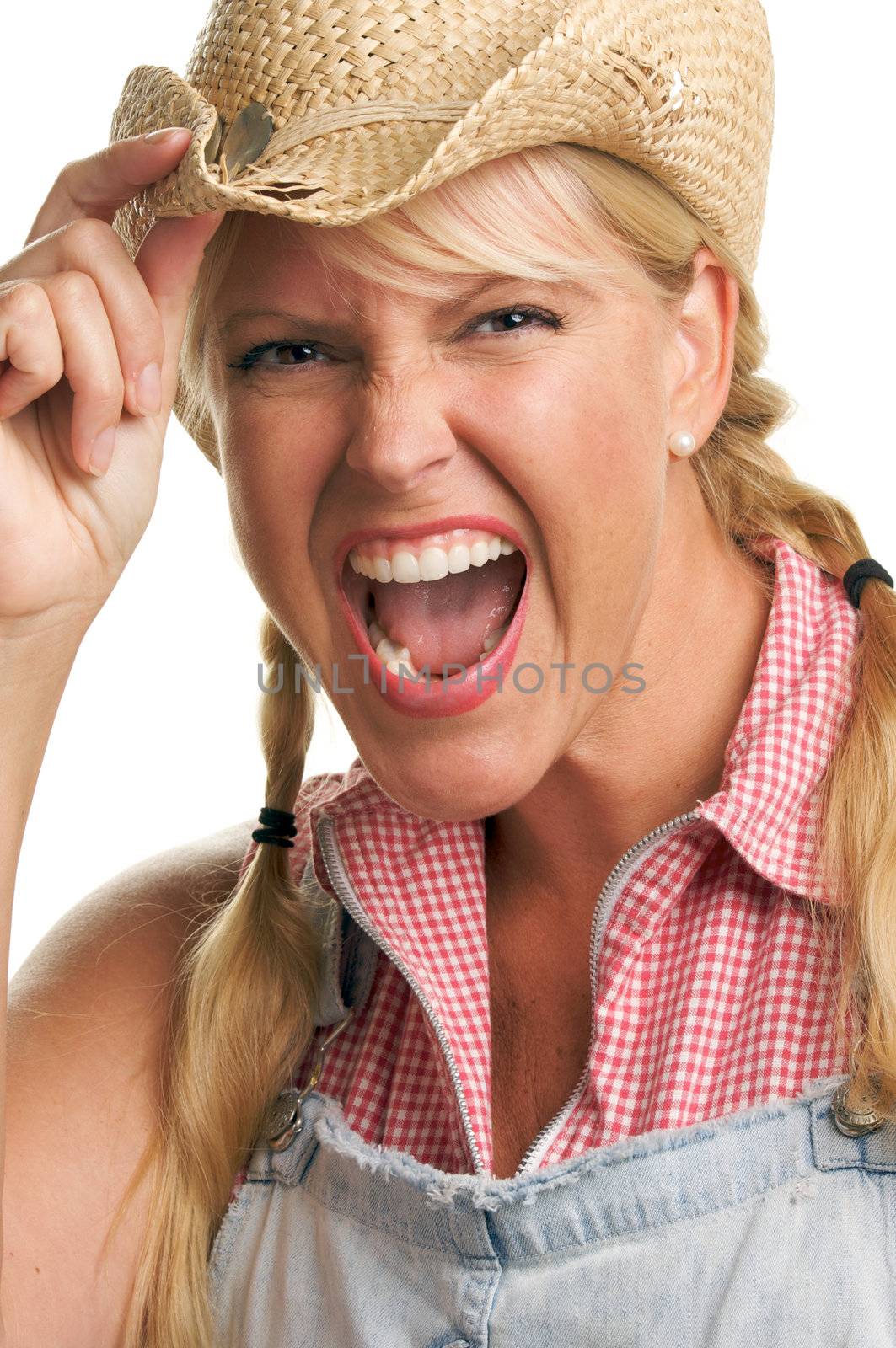 Attractive Blond with Cowboy Hat Isolated on a White Background.