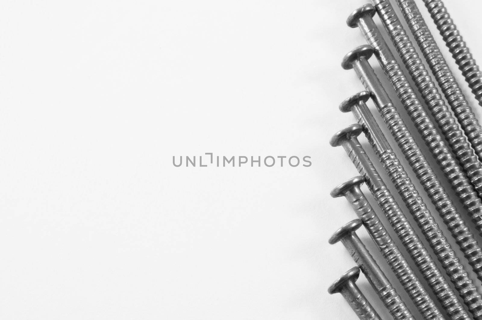 Close up of a group of steel nails arranged parallel and on the right portion of the image over white.