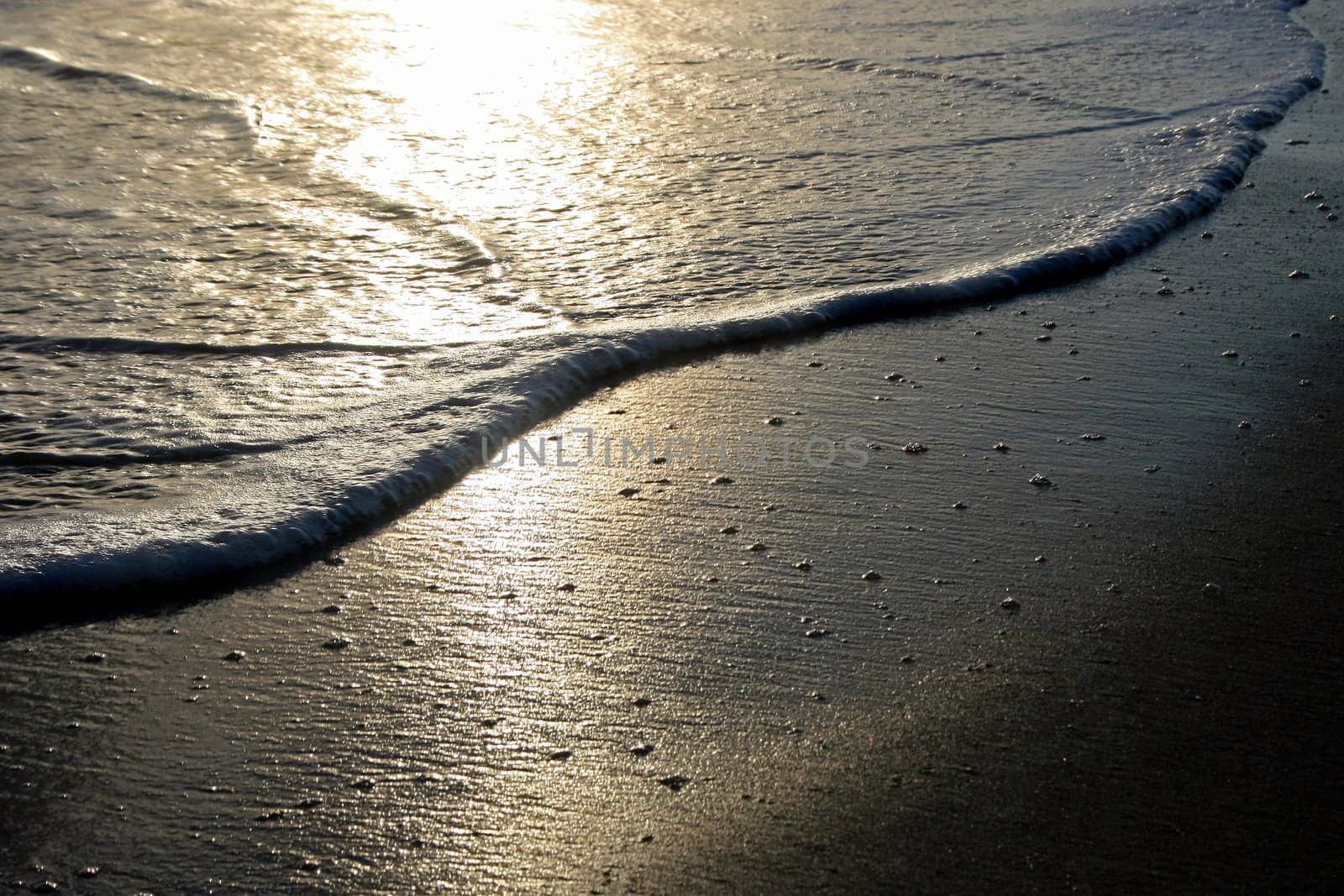Waves coming ashore, at sunset, beach and foam.
