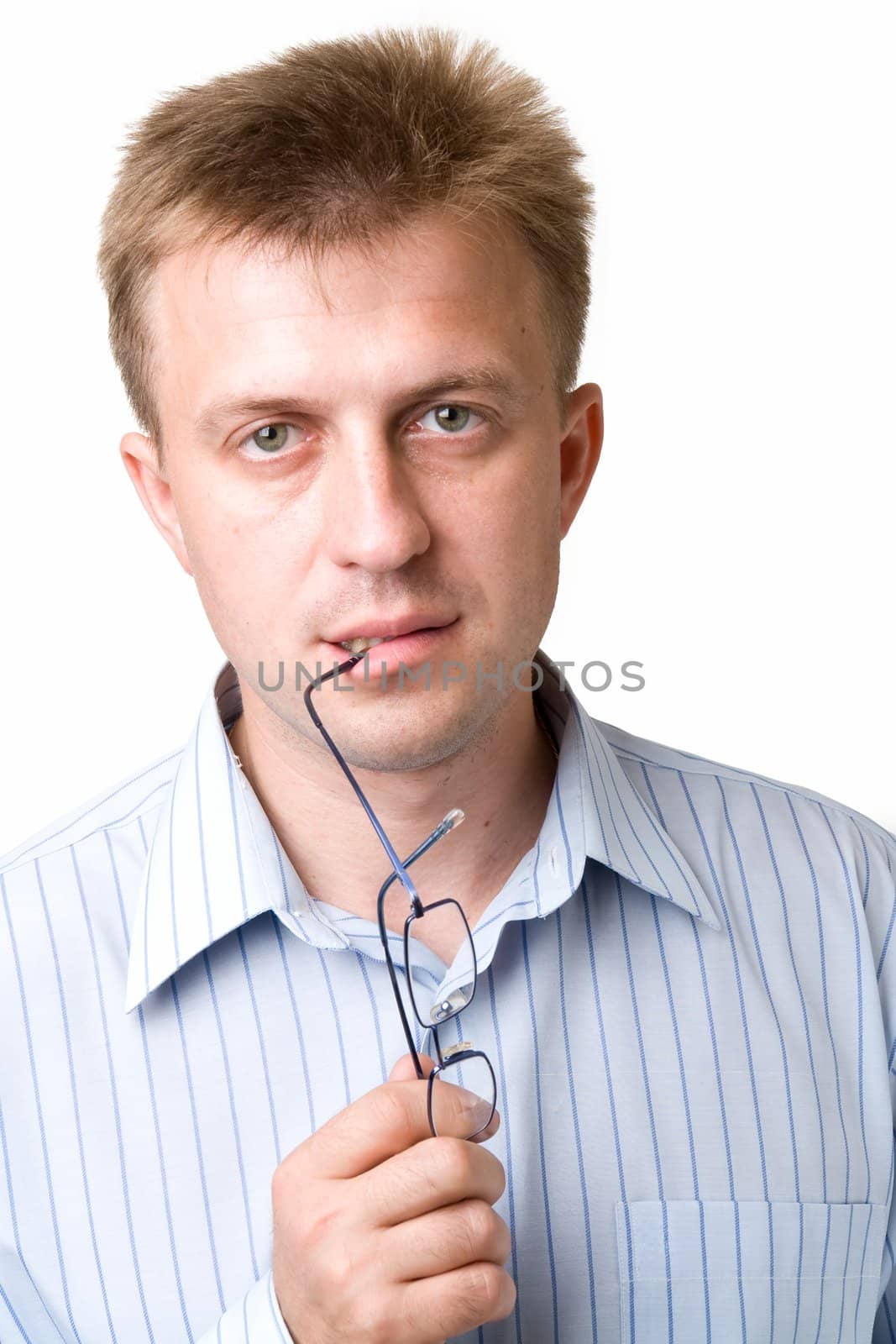 serious man with glasses on a white background