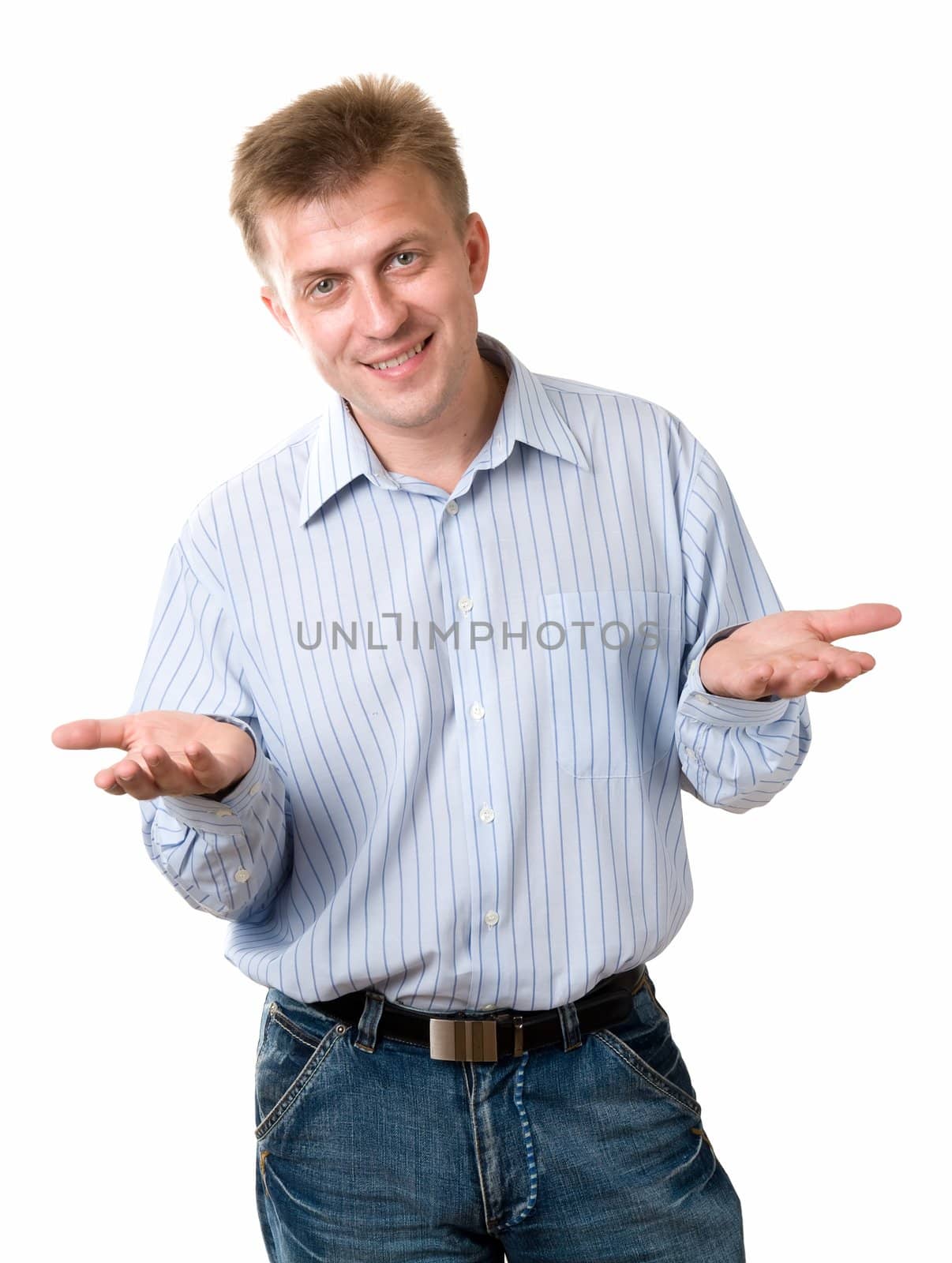 No problem. It's yours for the taking. Young smiling man on a white background.