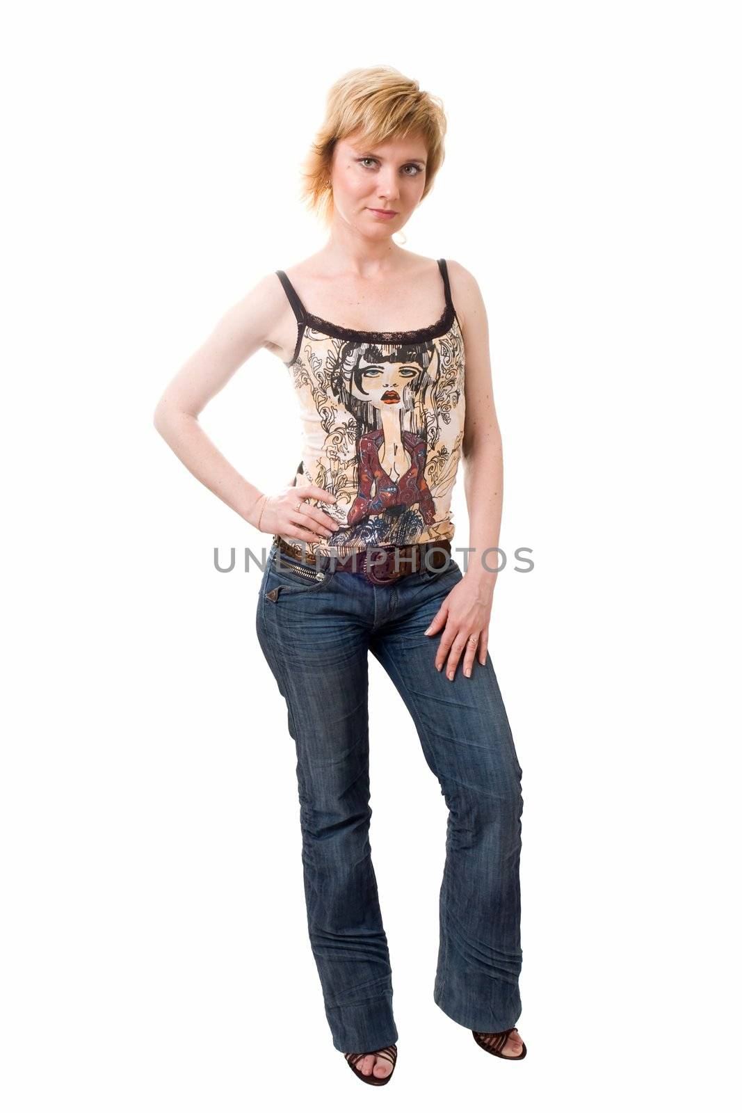 Sexy young woman stands on a white background.