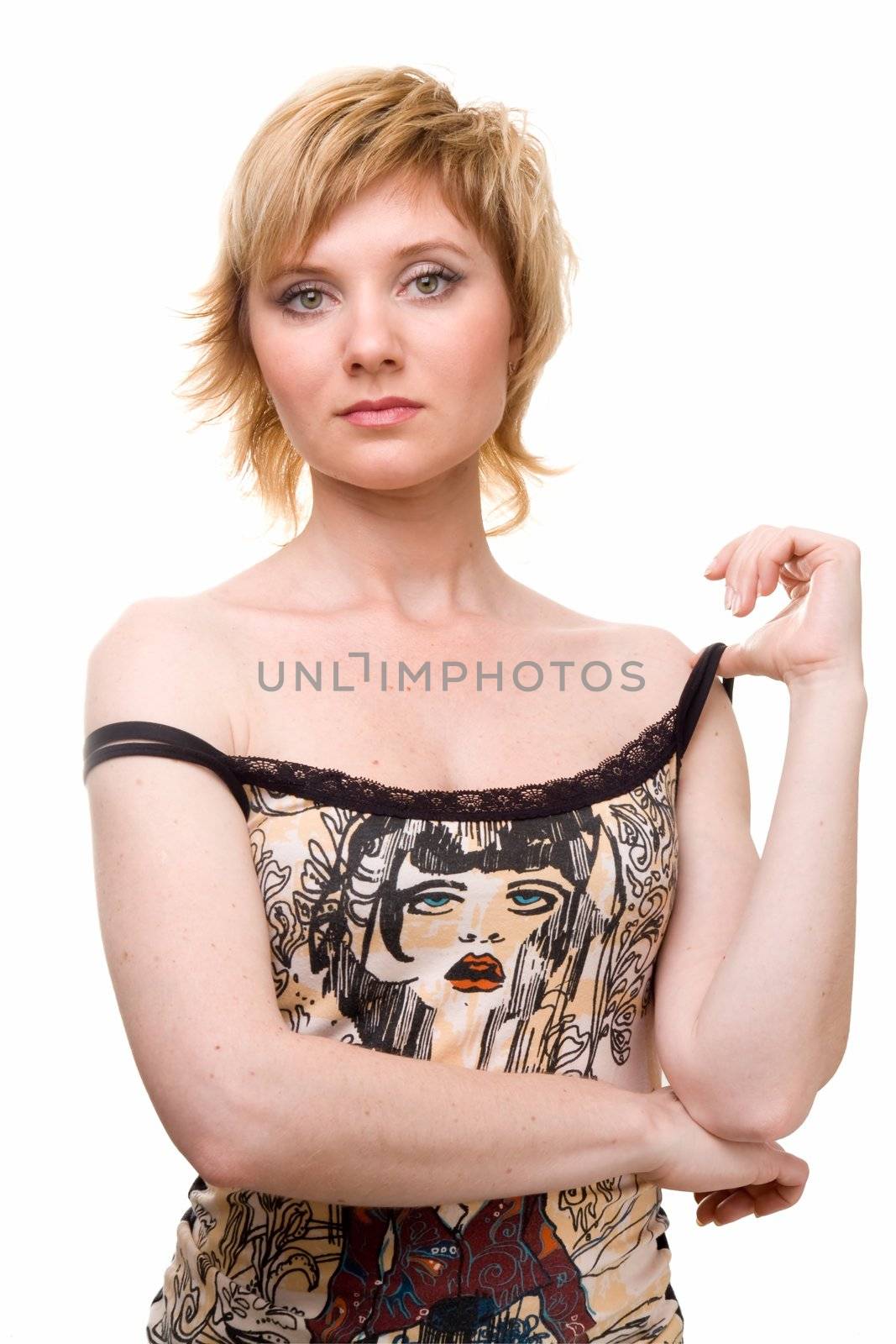 Sexy young woman on a white background.