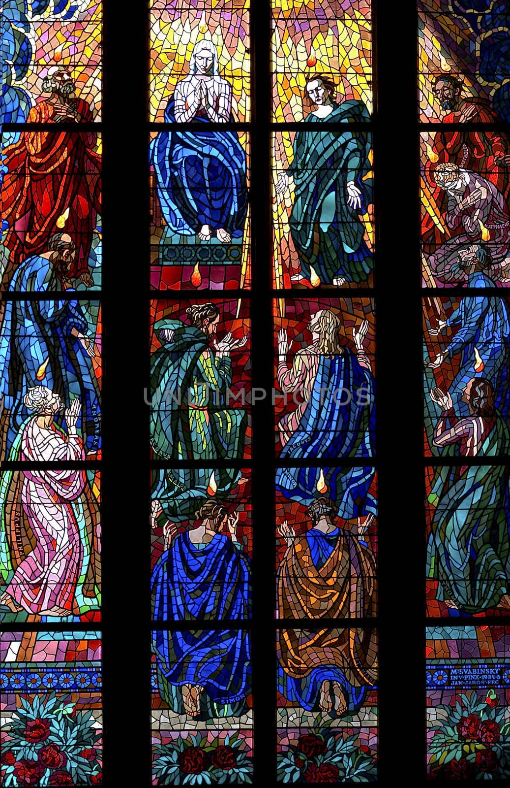 Detail of the color window - bullseye pane - lattice window.
Public national monument - cathedral of St Vitus, Prague, Czech republic, Europe.