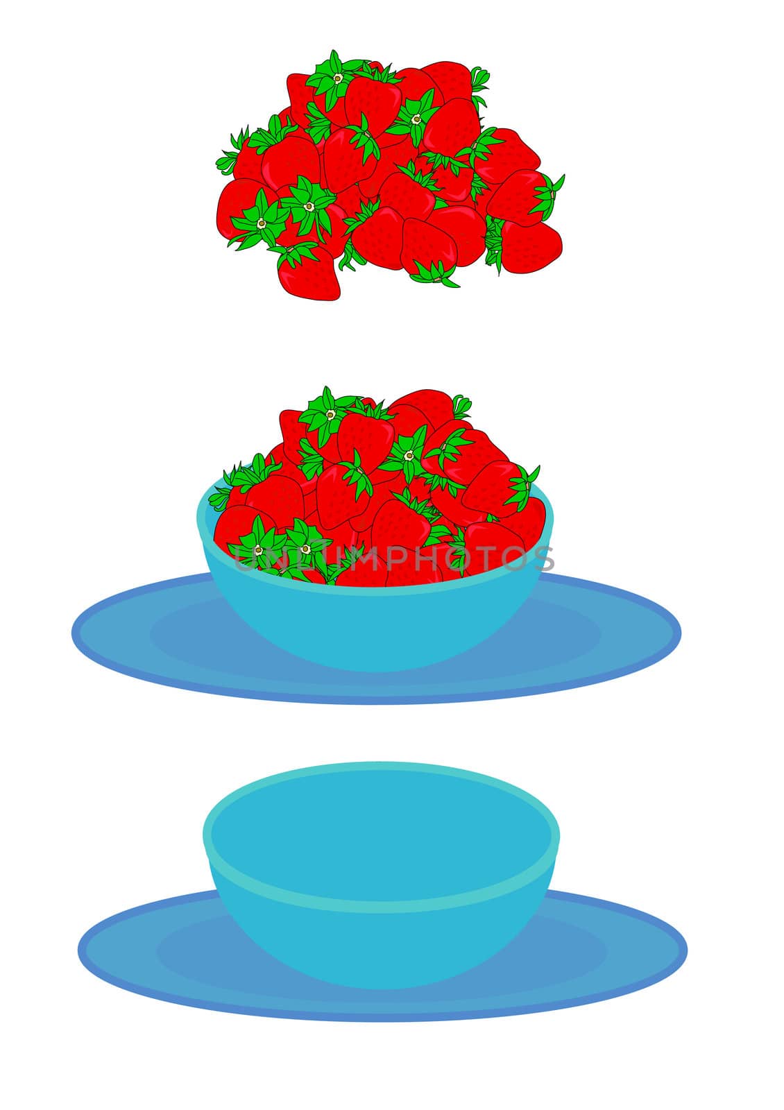 Vector illustration of a large serving of red ripe strawberries with green tops, a blue bowl and plate set, and a combination of both.