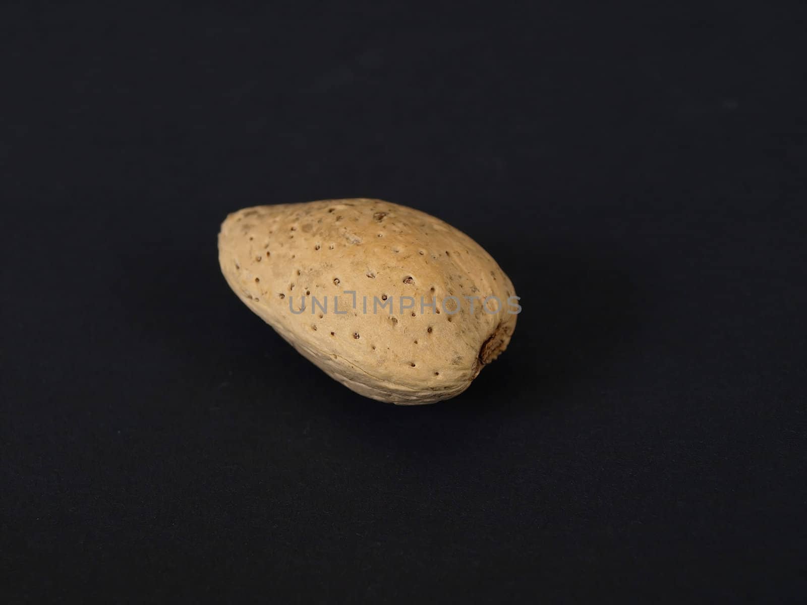 A solitary almond isolated against a black background.