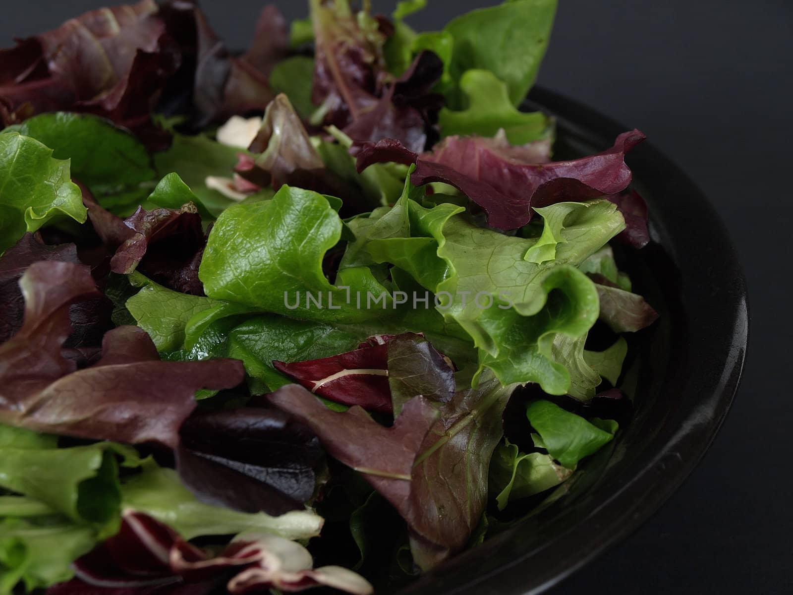 Fresh green salad leaves in a black bowl. Studio isolated shot.