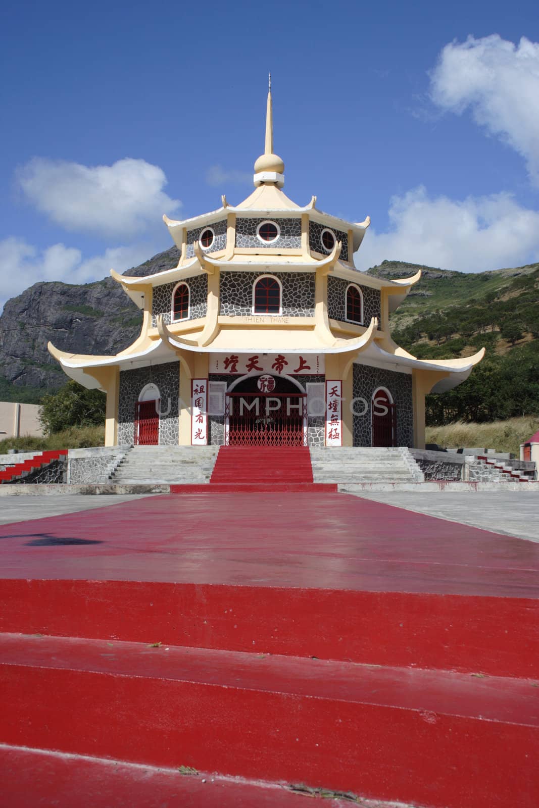 Image of Thien Thane, a pagoda in Port Louis, Mauritius. Portrait orientation.