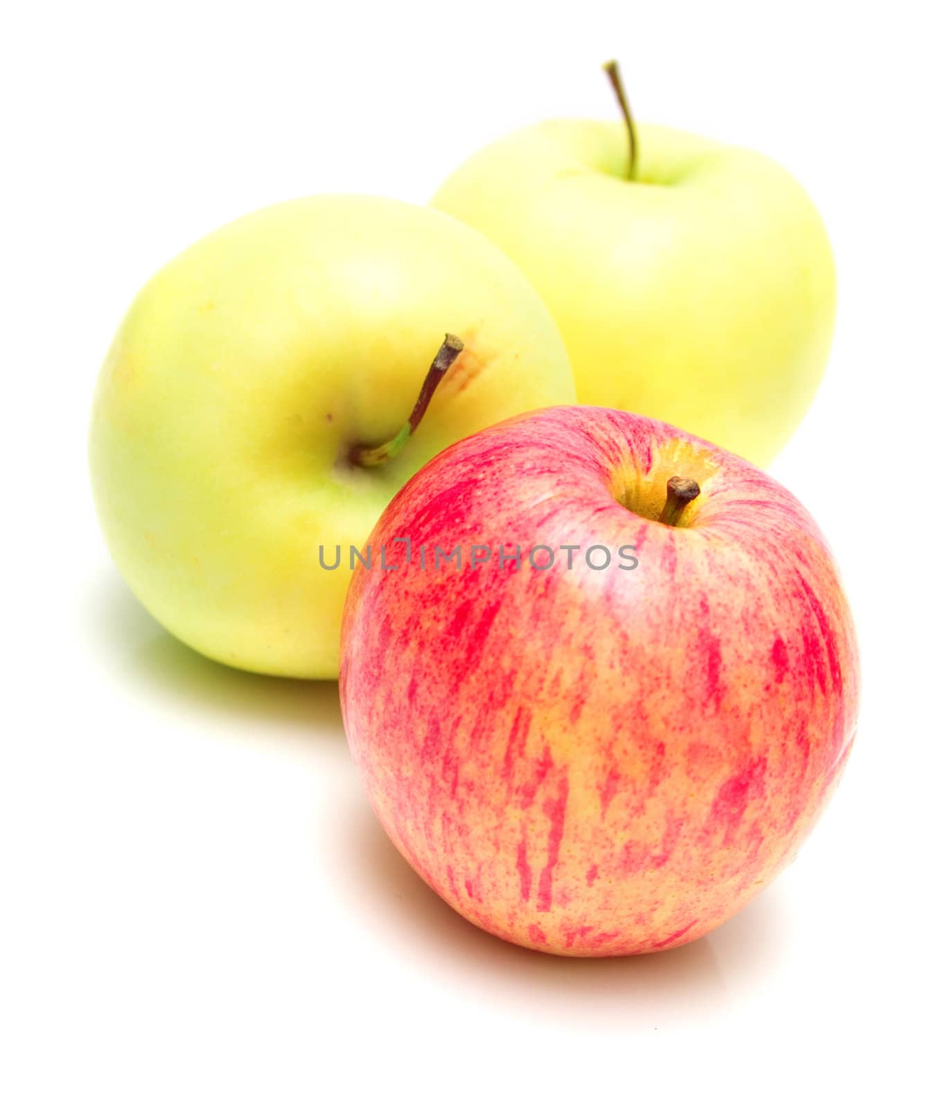 Red and yellow apples on the white background. Isolated. Shallow DOF