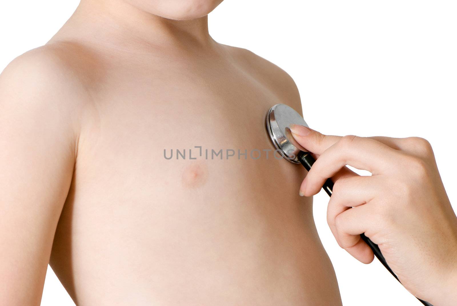 Doctor and small patient isolated on a white background. Close up.