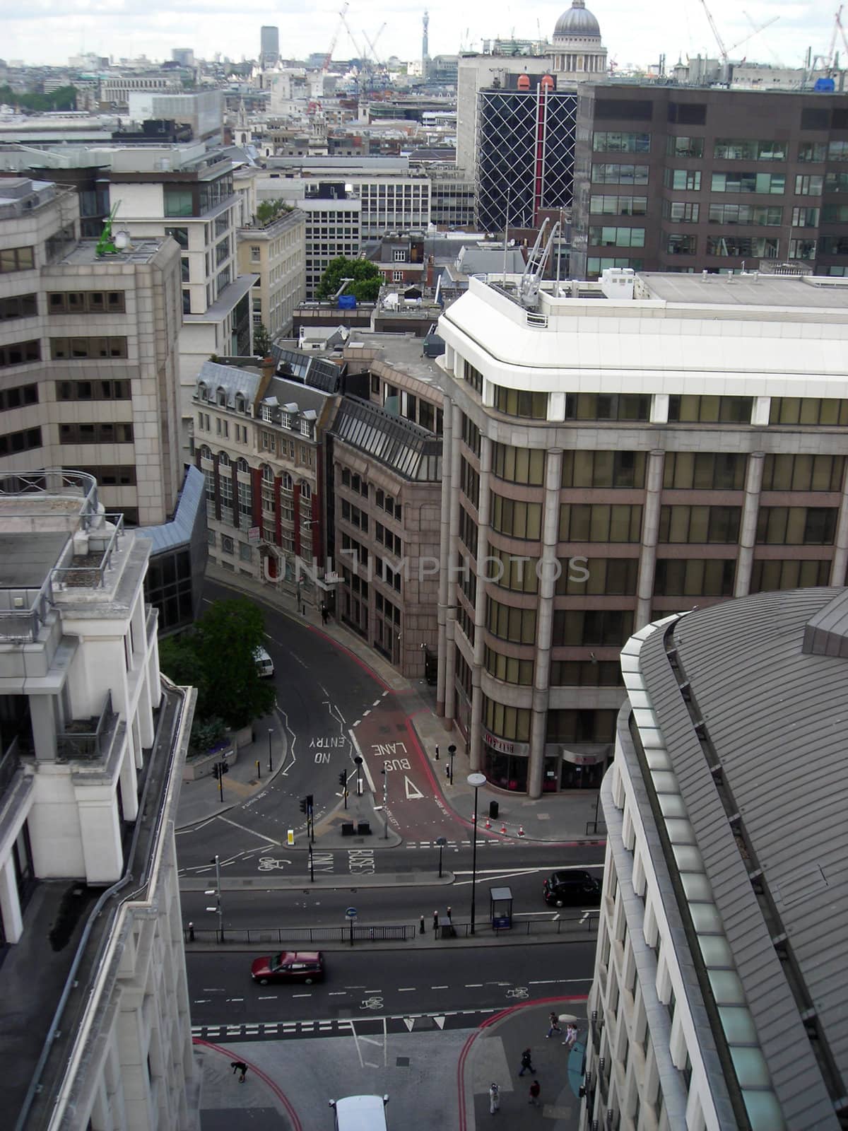 View of the junction of Arthur street and King William street from The Monument, London, UK.