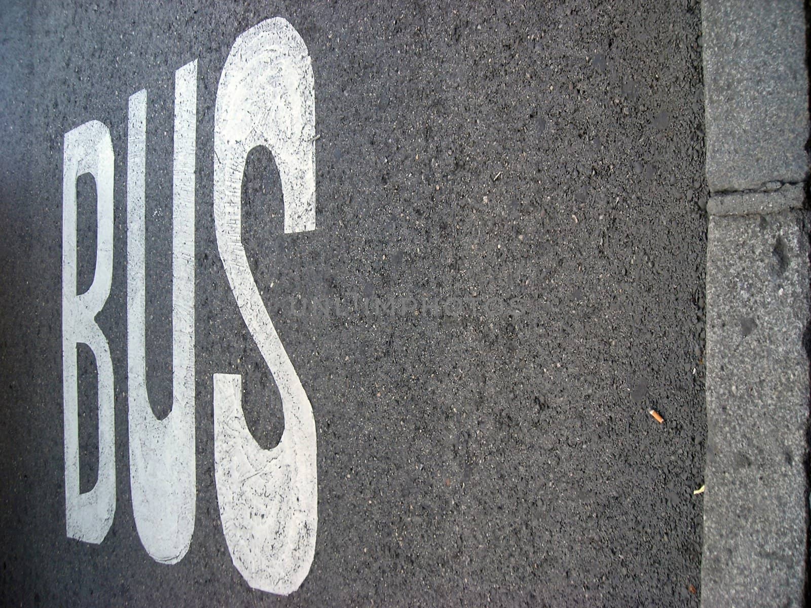 The bus line sign over asfalt of a city street. Copy space avaialble.