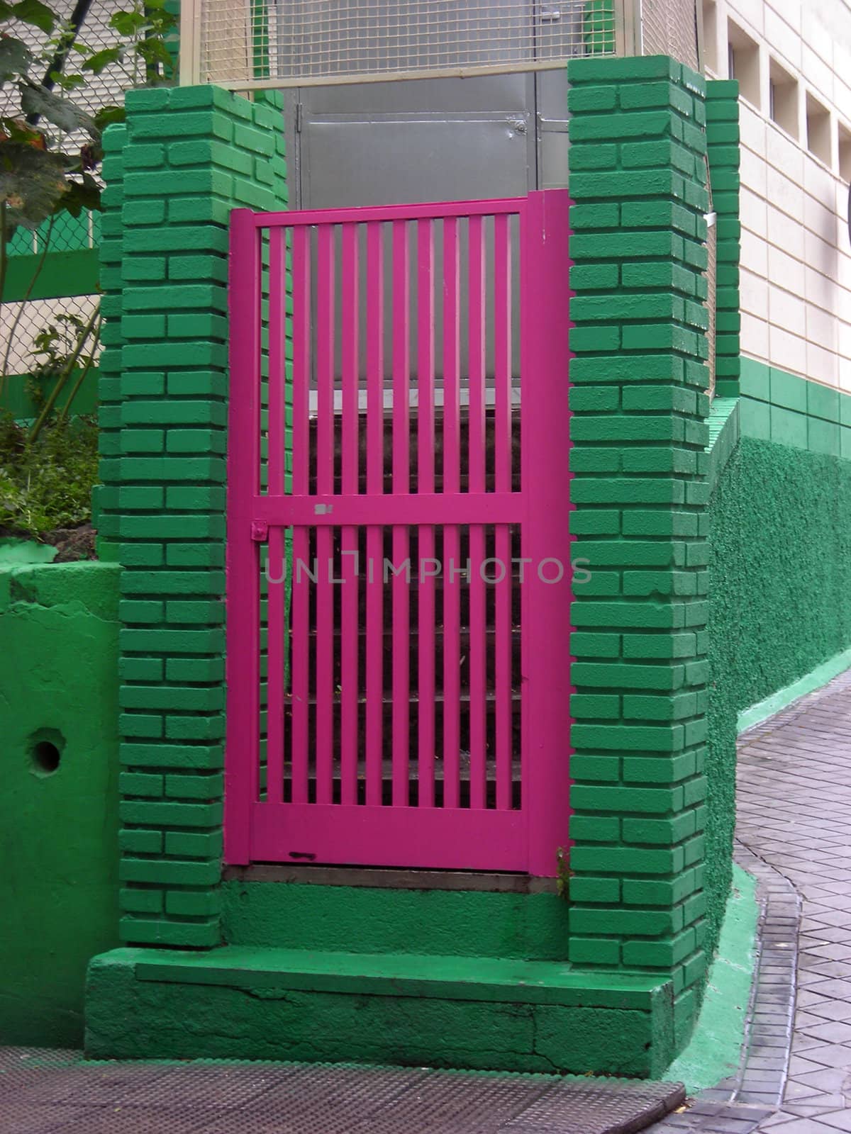 Pink door on a green fence by toneteam