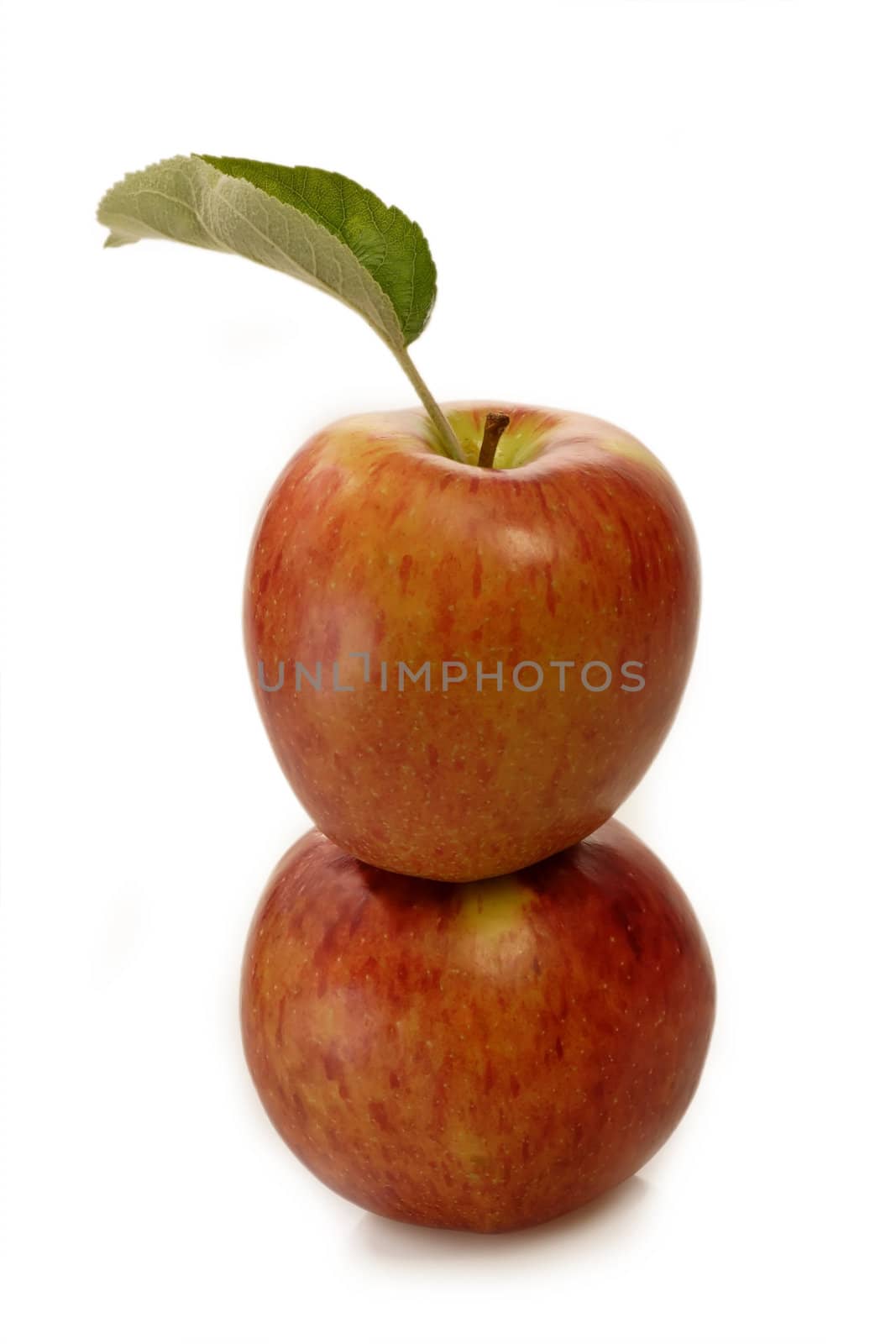 Two stacked red apples on white background