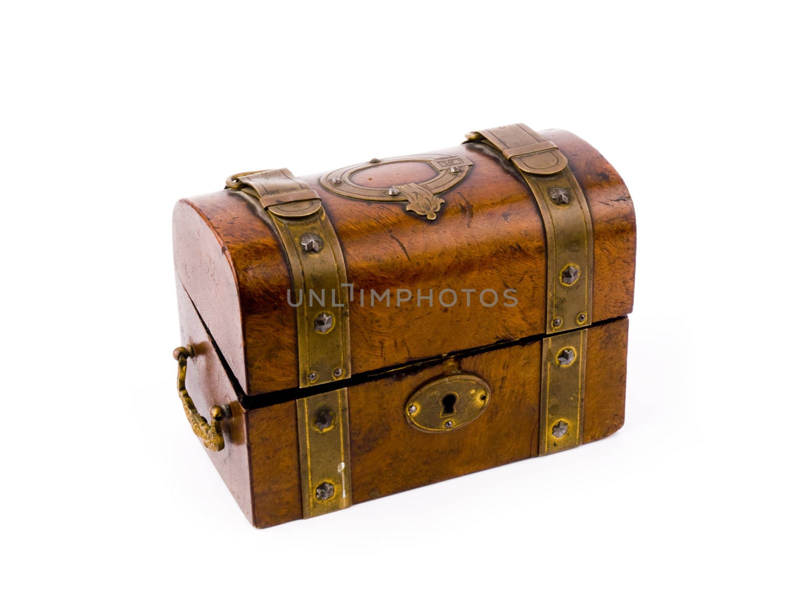 Old-fashioned wooden chest on white background.