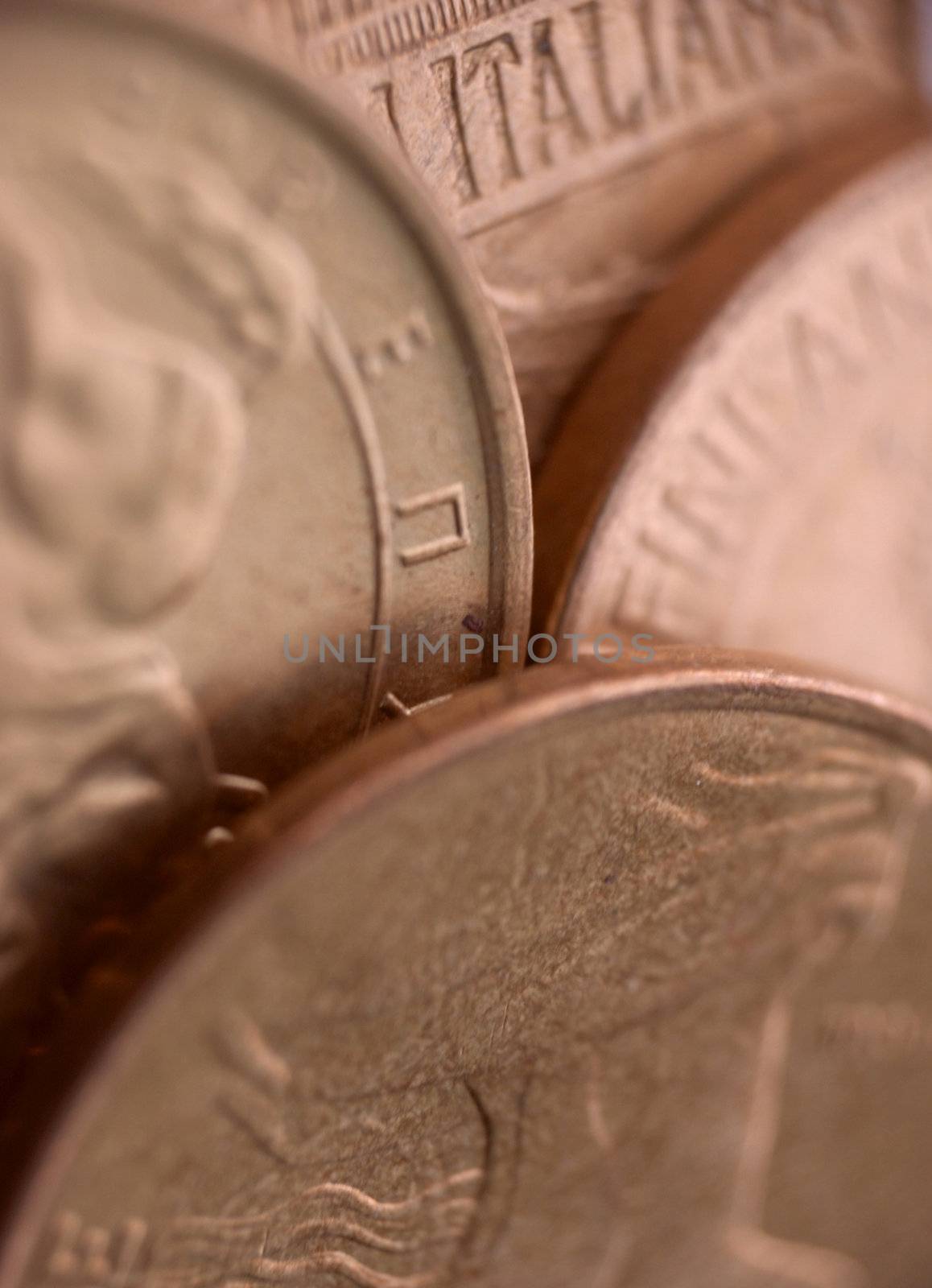 set of modern europian coins of gold color, macro