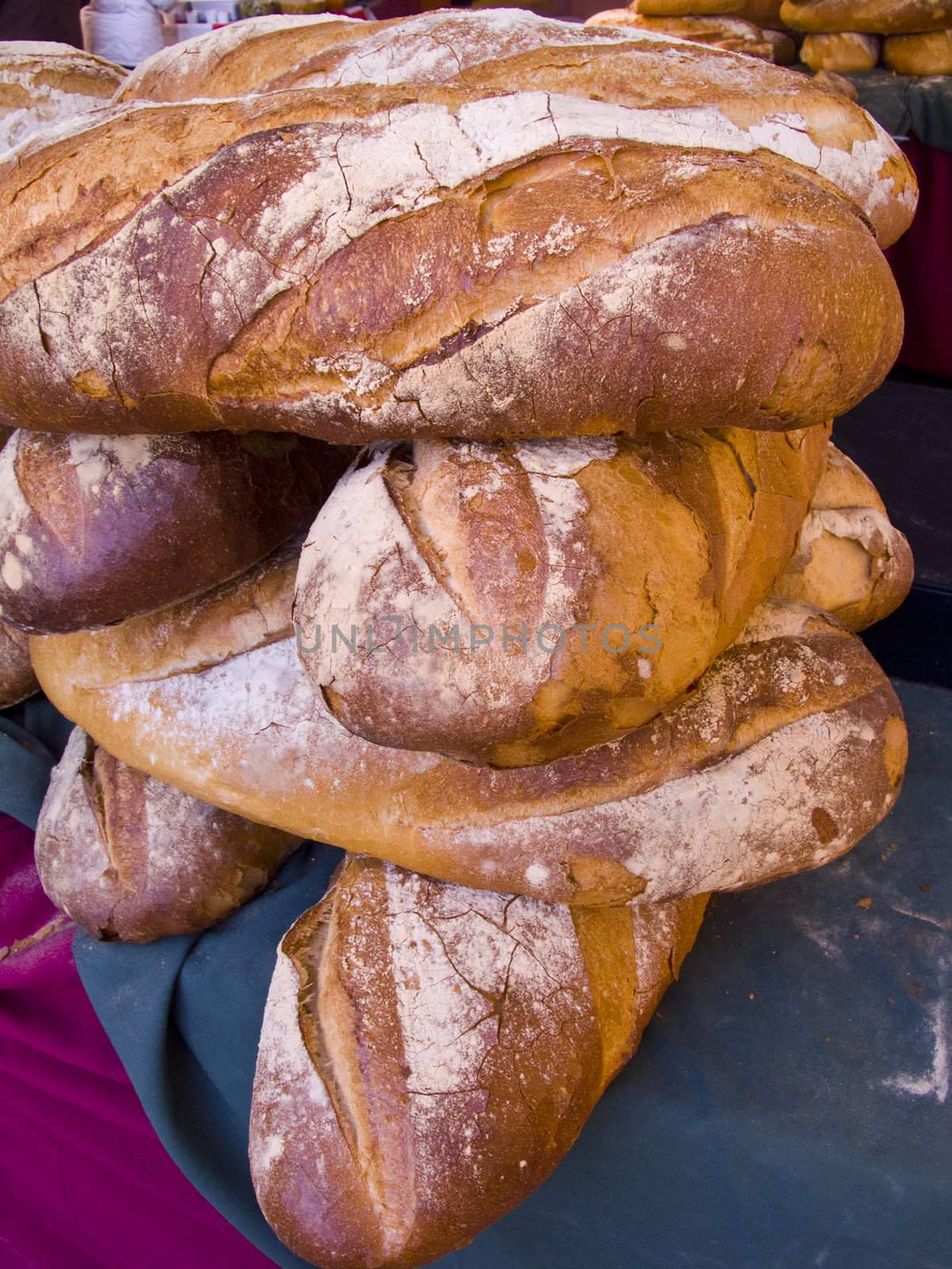 Traditional bread of Catalonia in the market of Vic, Catalonia, Spain