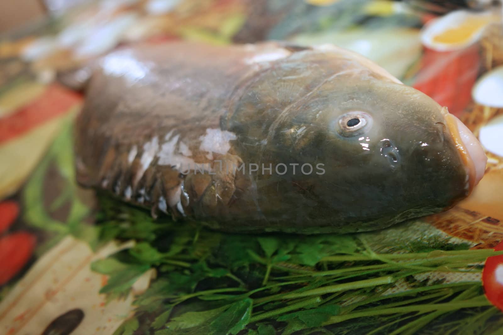 Fresh fish on kitchen table. Sharp focus on the heard.