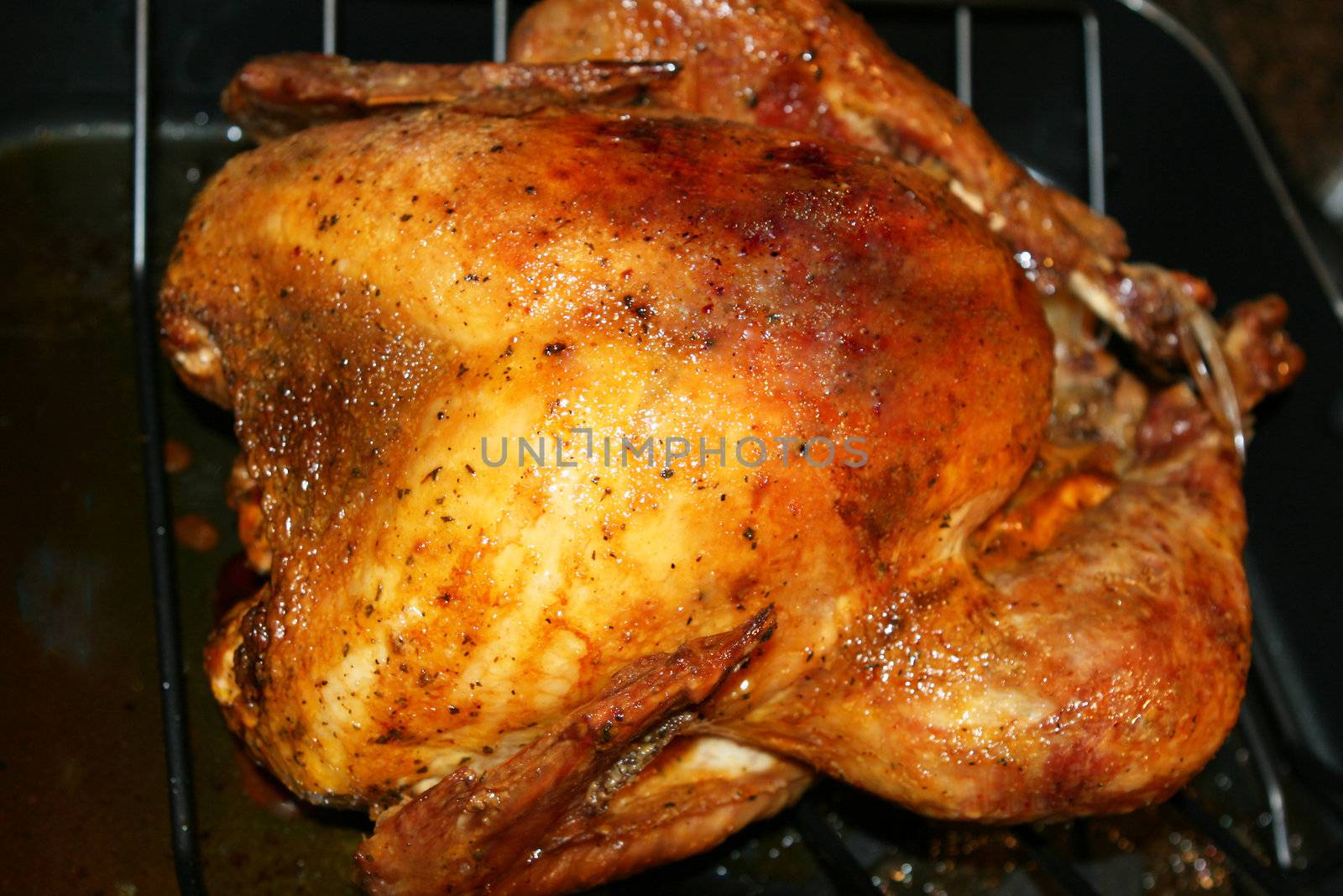 A big roasted turkey on a gril.